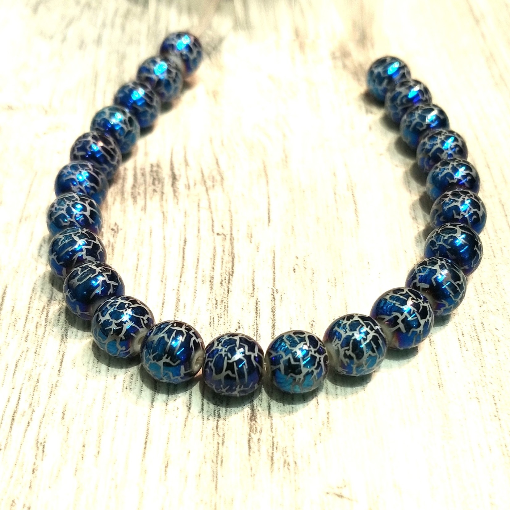 Reflection Glass 8mm Round Cracked Cobalt Bead Strand of 36