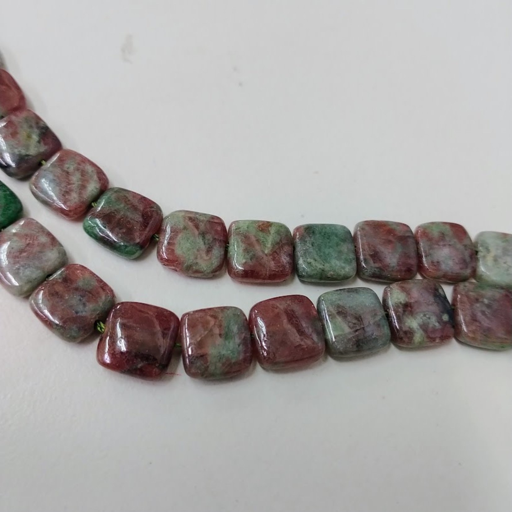 Garnet Green & Red 10mm Flat Square Bead Strand