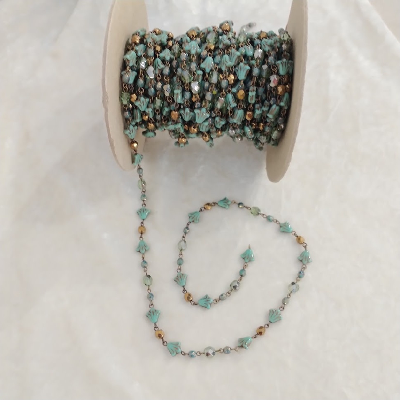 Czech Glass Beaded Chain Turquoise Flower - 1 Foot