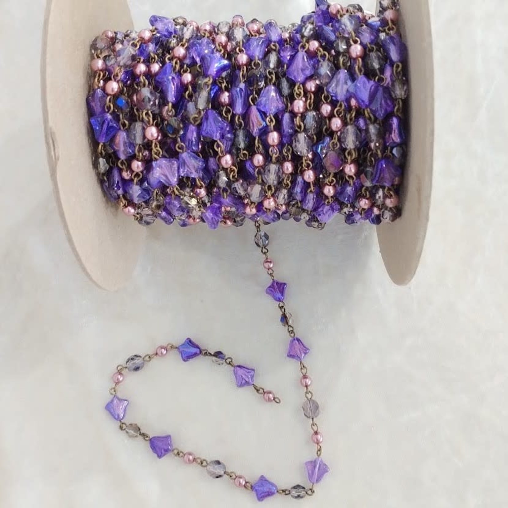 Czech Glass Beaded Chain Purple Flower - 1 Foot