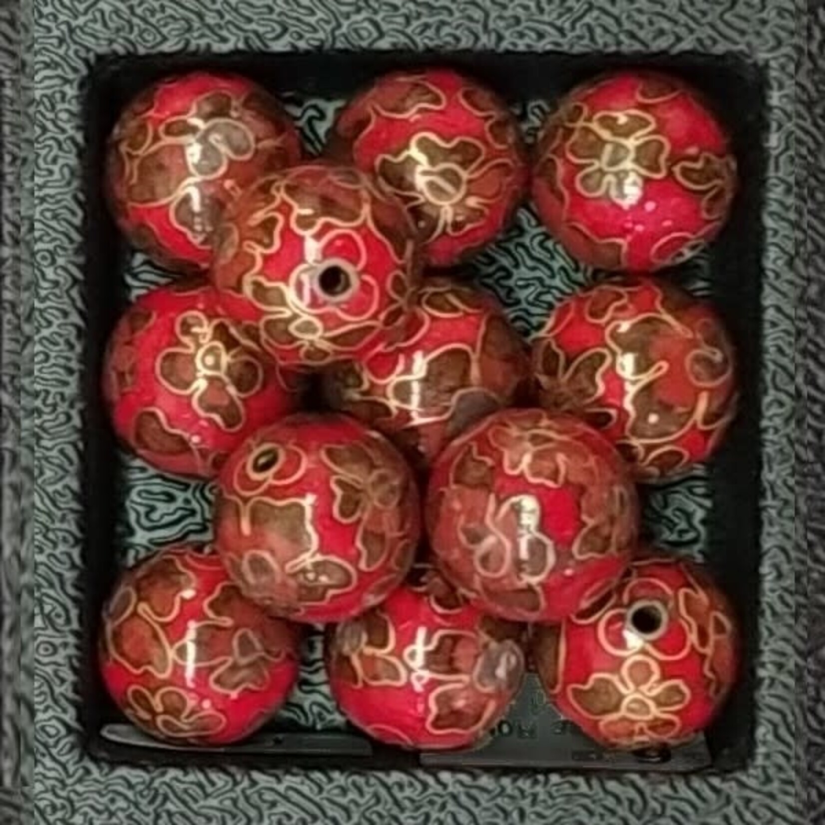 Cloisonne Round 16mm Red with Flowers Bead