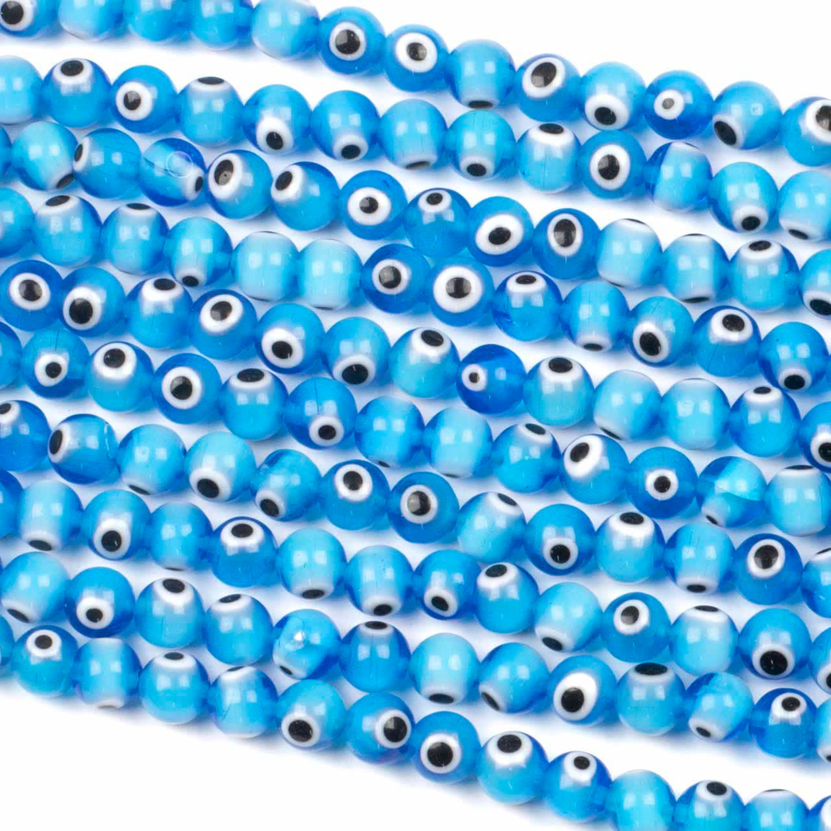 Evil Eye Glass  8mm Aqua Round Bead Strand of 18