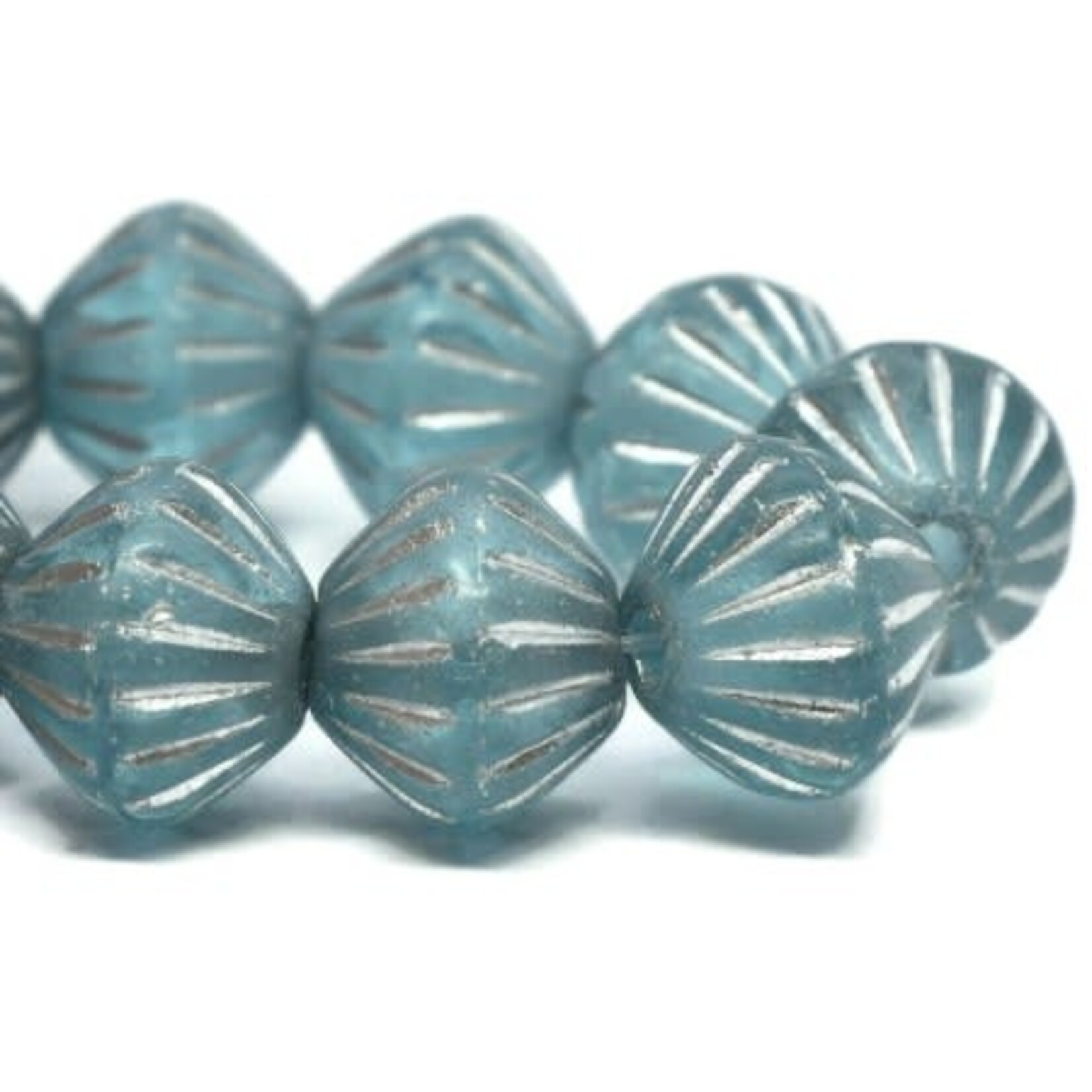 Tribal Bicone  9mm Large Hole Sky Blue w/ Silver Bead Strand