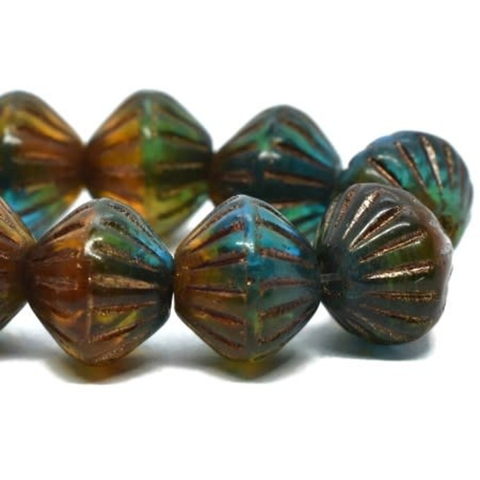 Tribal Bicone  9mm Large Hole Teal, Amber Emerald w/ Bronze Bead Strand