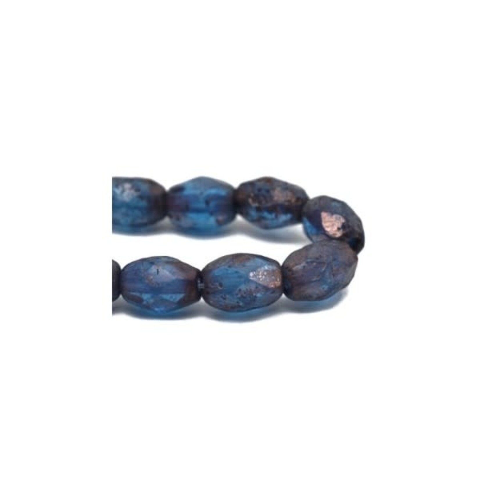 Czech Glass Oval 7x5mm Blue Etched Bronze Bead Strand