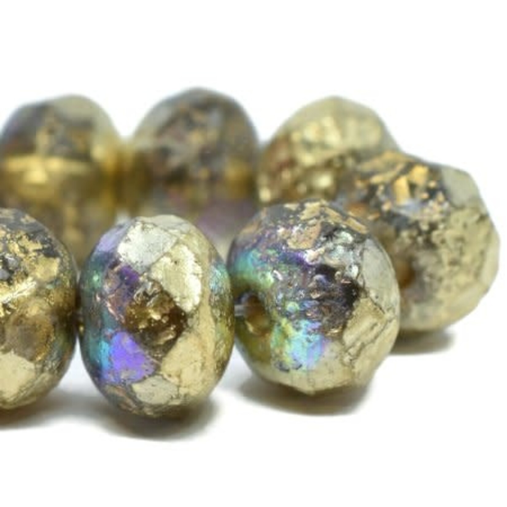 Czech Glass 8x6mm Rondelle Transparent w/ Gold Etched Luster Bead Strand