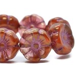 Czech Glass Hibiscus Flower 12mm Boysenberry Red w/ Golden Pink Luster Bead Strand