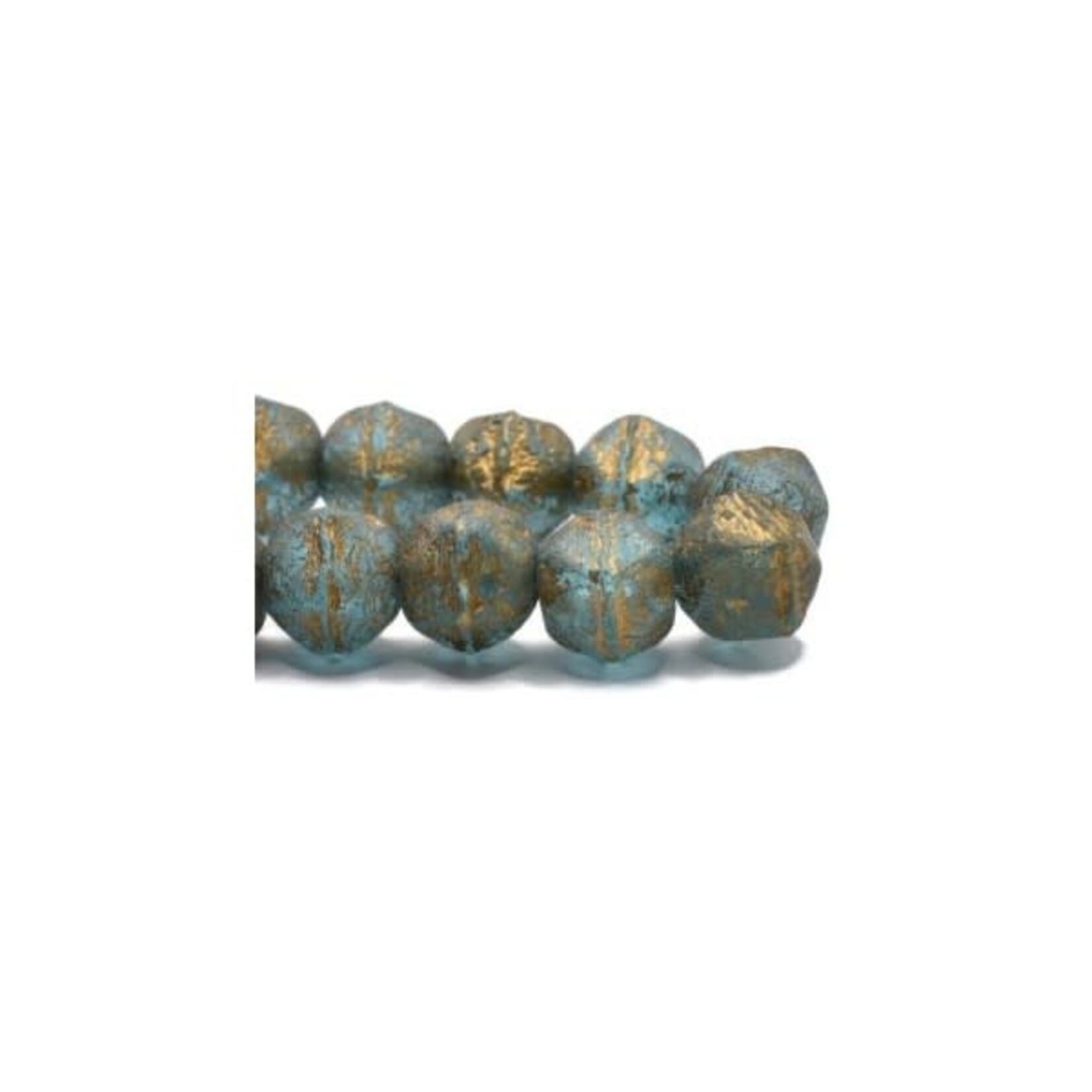 Czech Glass English Cut 8mm Etched Sky Blue w/ Gold Wash Bead Strand