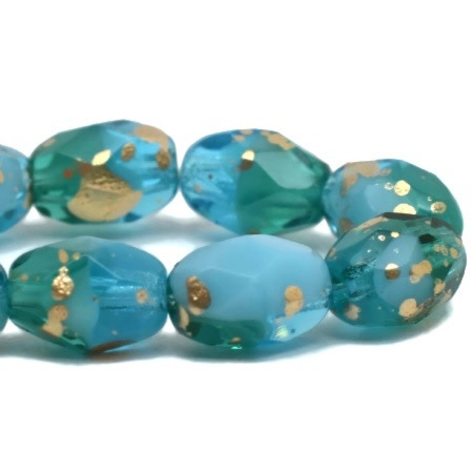 Czech Glass Faceted Oval 7x5mm Pacific Sky Blue w/ Gold Bead Strand