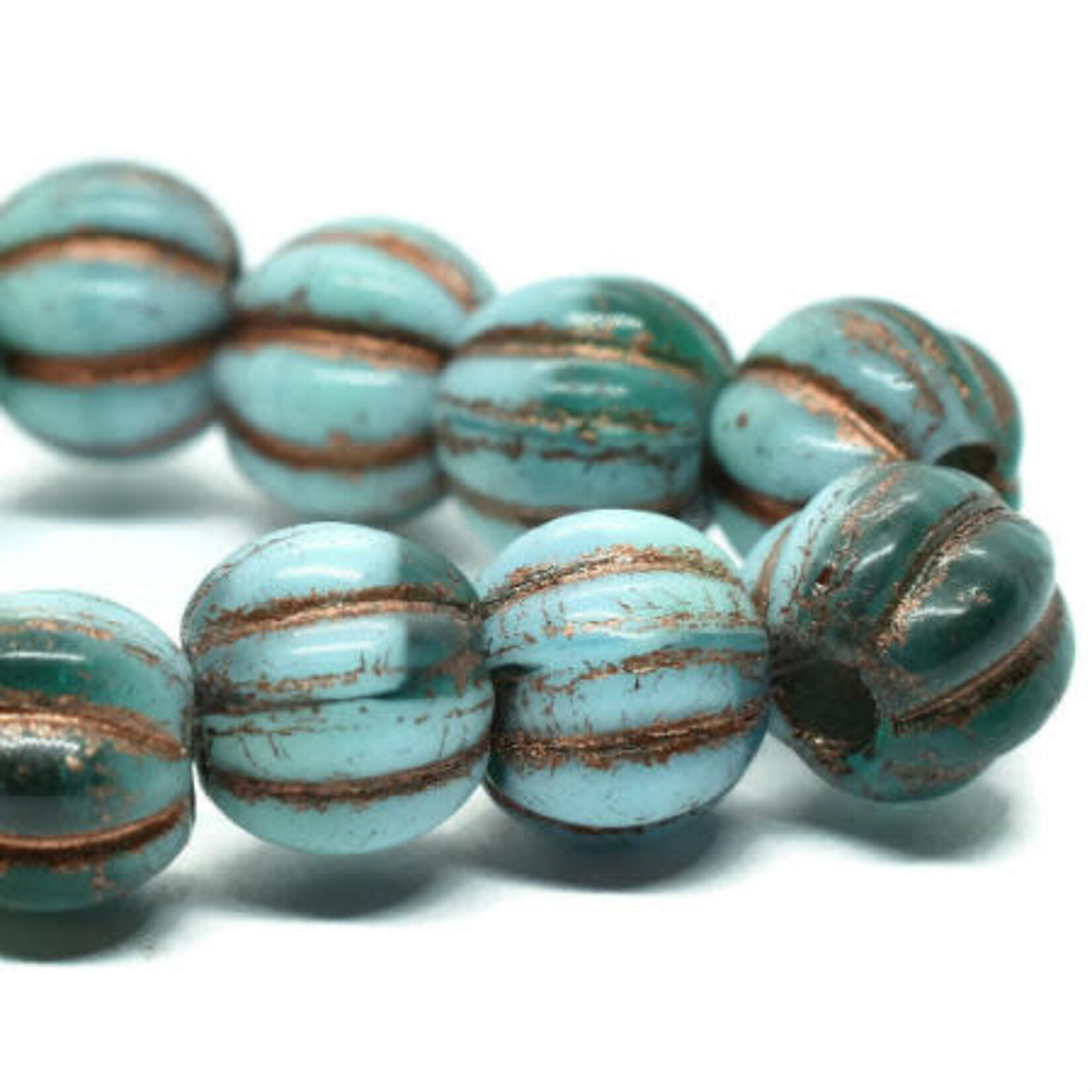 Czech Glass Melon 8mm Large Hole Sky Blue and Blue Green w/ Bronze Bead Strand