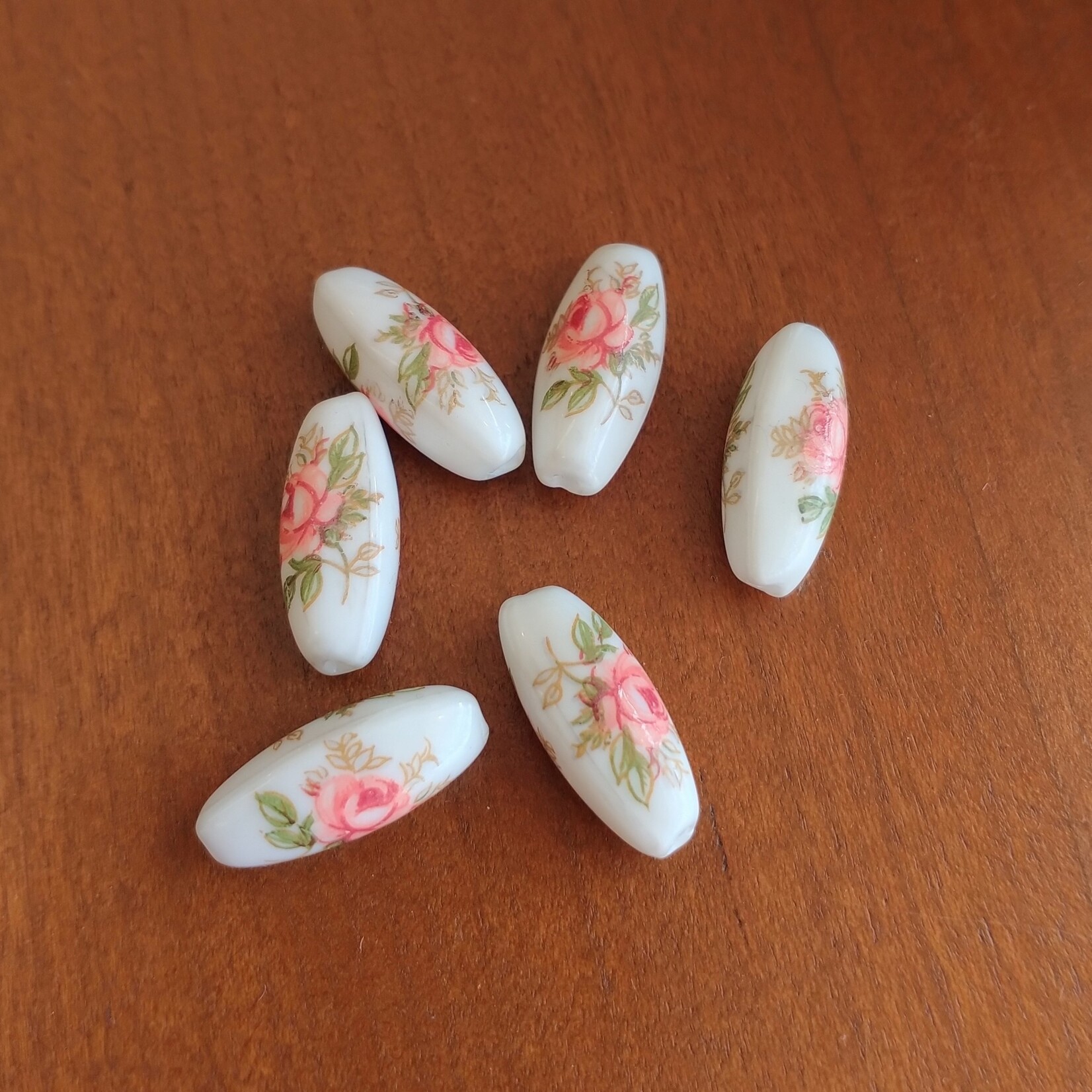 Ceramic Long Oval with Pink Rose Bead