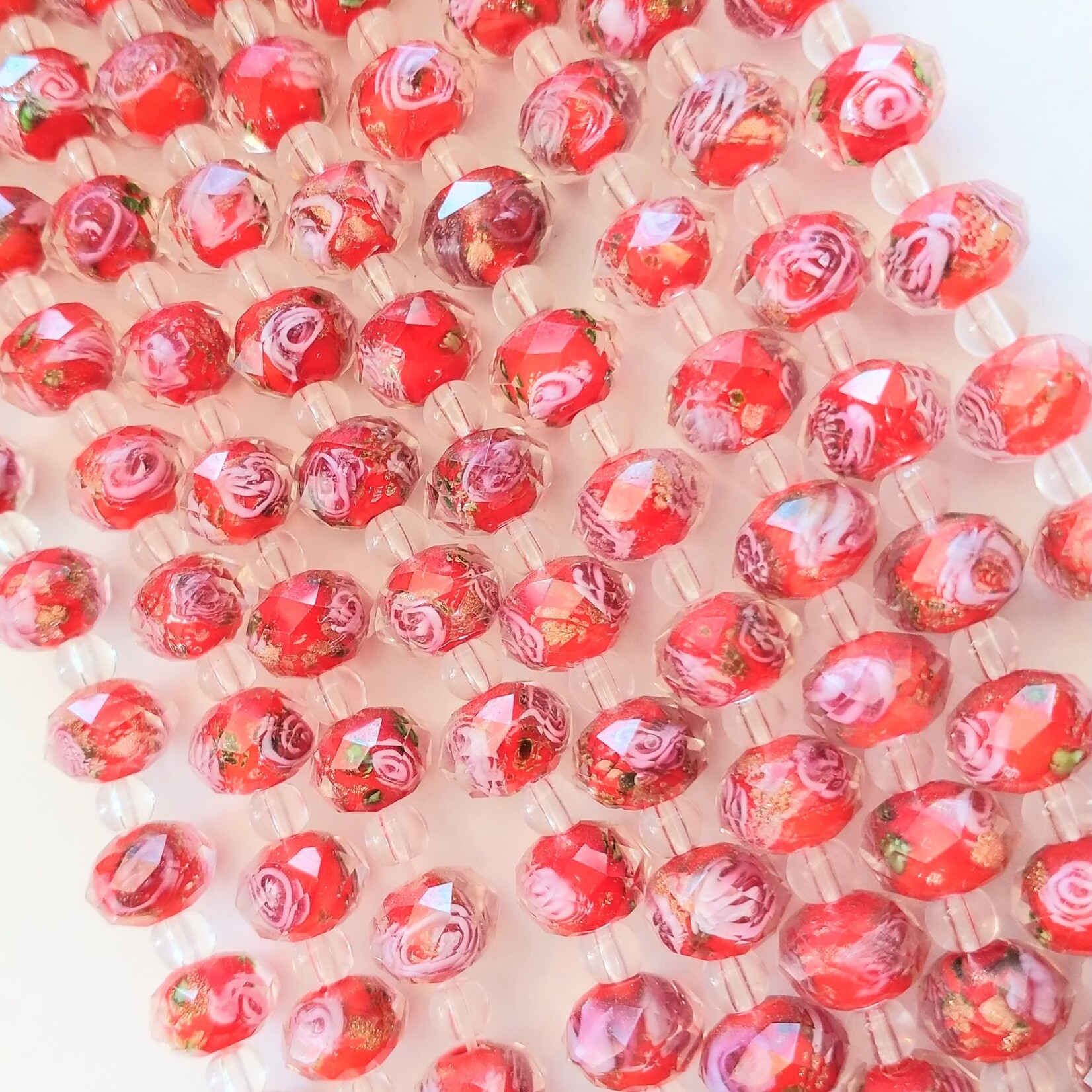 Red Rose Faceted Lampwork Glass 6x10mm Bead Strand