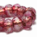 Czech Glass Roller 6x9mm Large Hole Pink and White with Copper Lining Bead