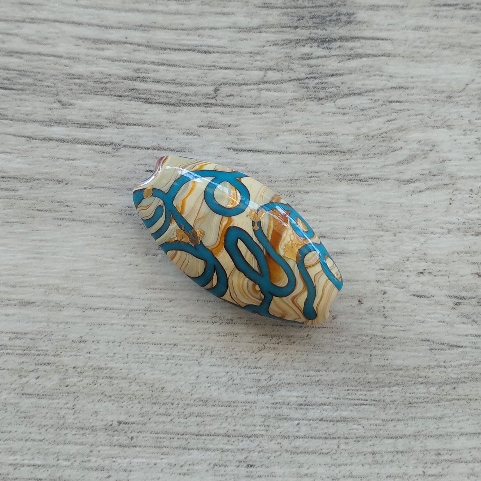 Turquoise Ribbon on Sand Oval Lampwork Glass Bead