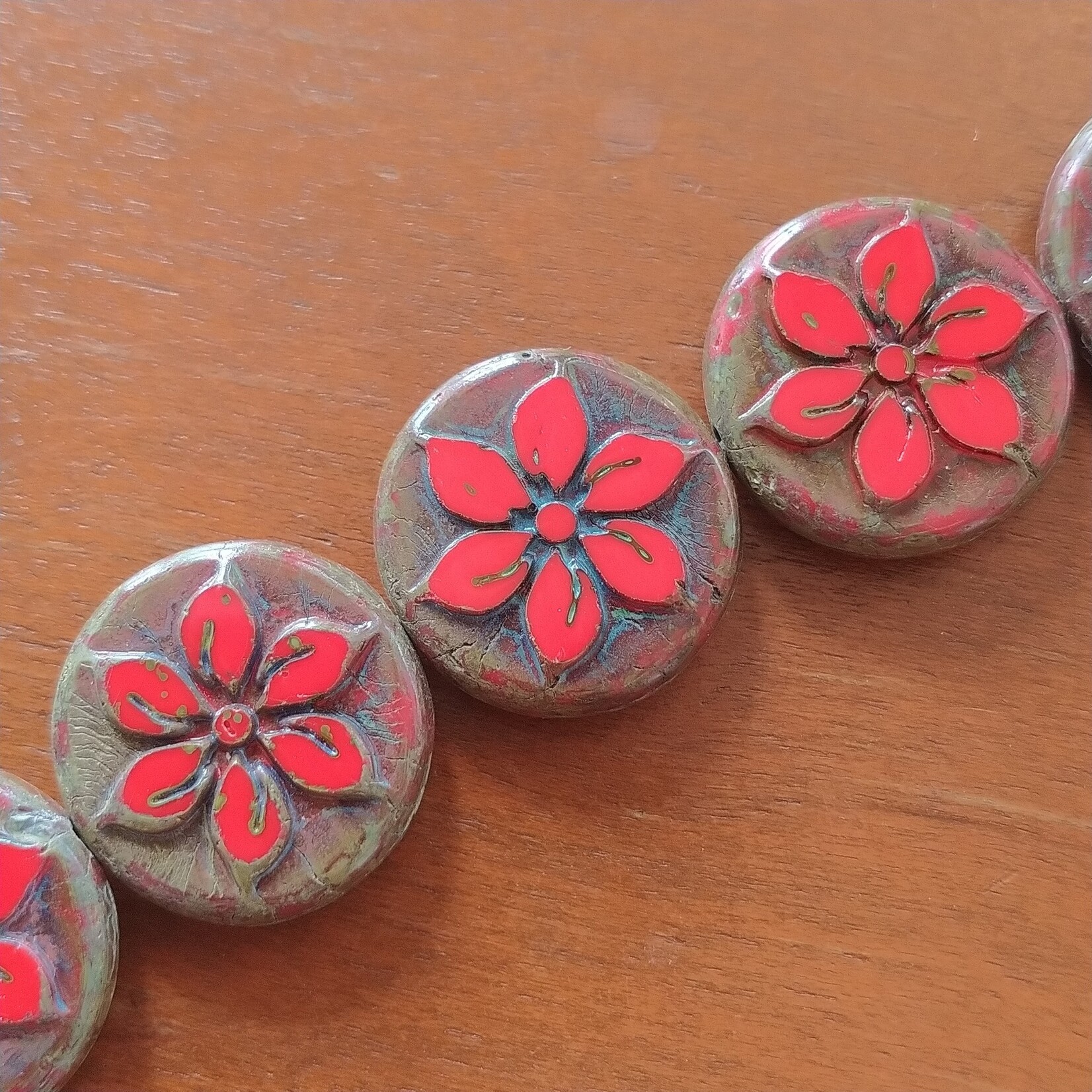 Czech Glass Flower Coin Red Picasso Bead Strand of 5