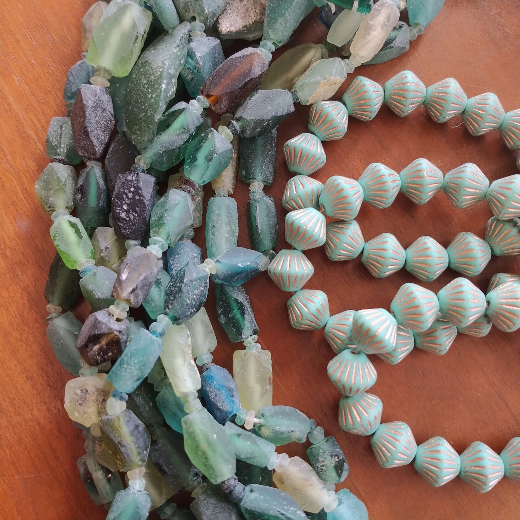 Tribal Bicone 11mm Tiffany Green w/ Copper Bead Strand