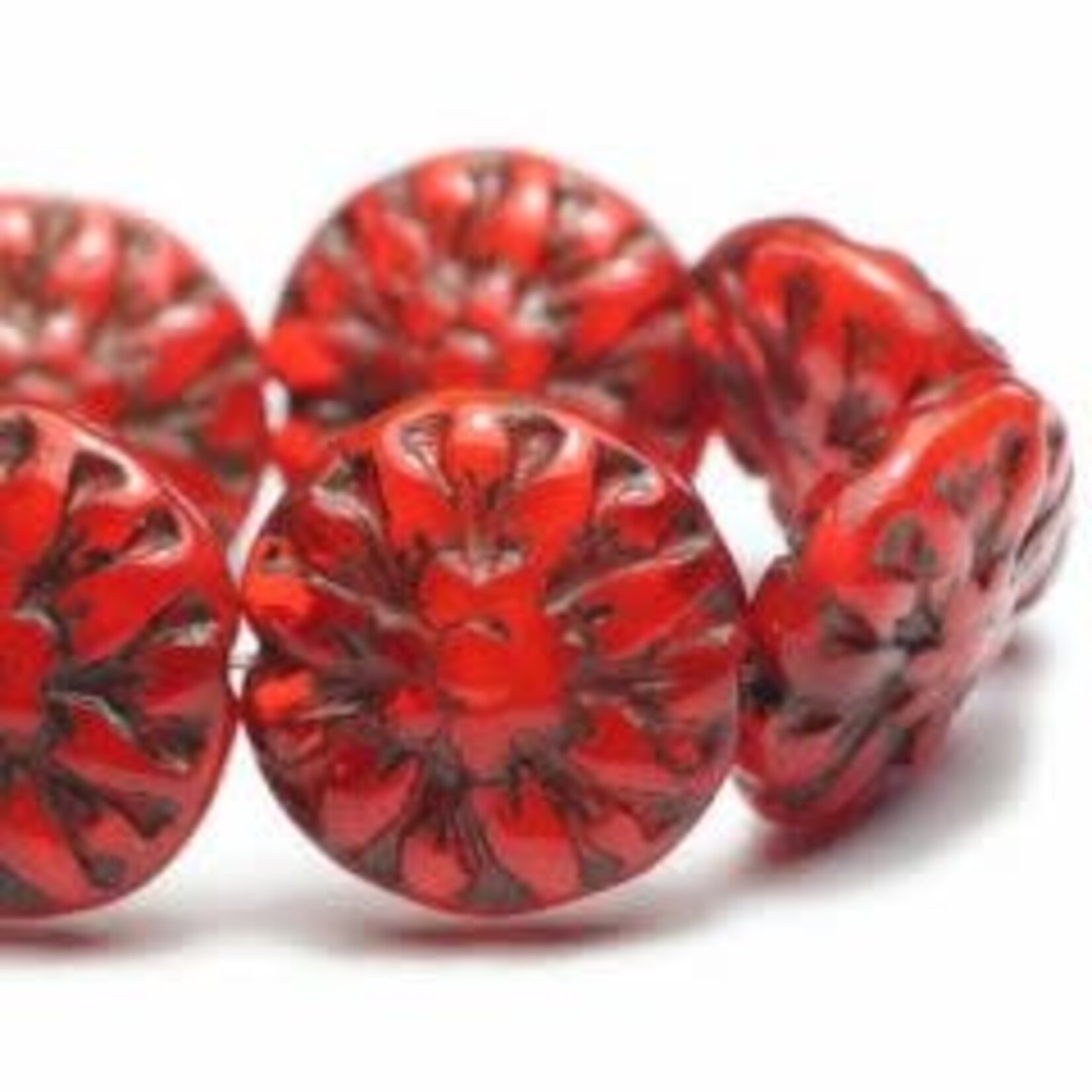 Czech Dahlia Flower 14mm Ladybug with Dark Brown Wash Bead