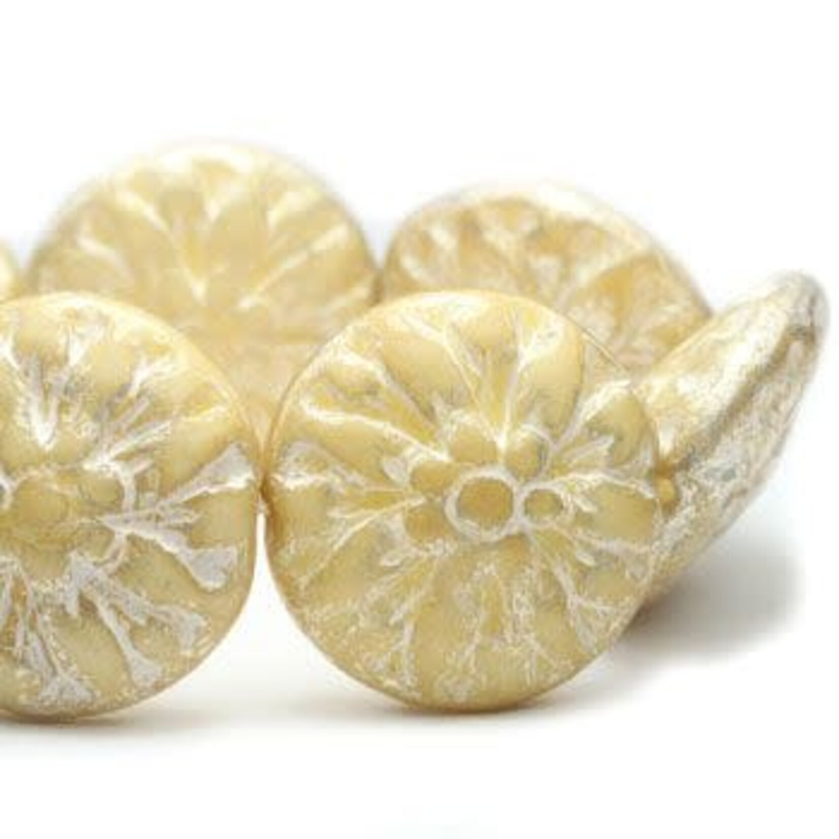 Czech Dahlia Flower 14mm Yellow Ivory  Silver Wash Bead Strand