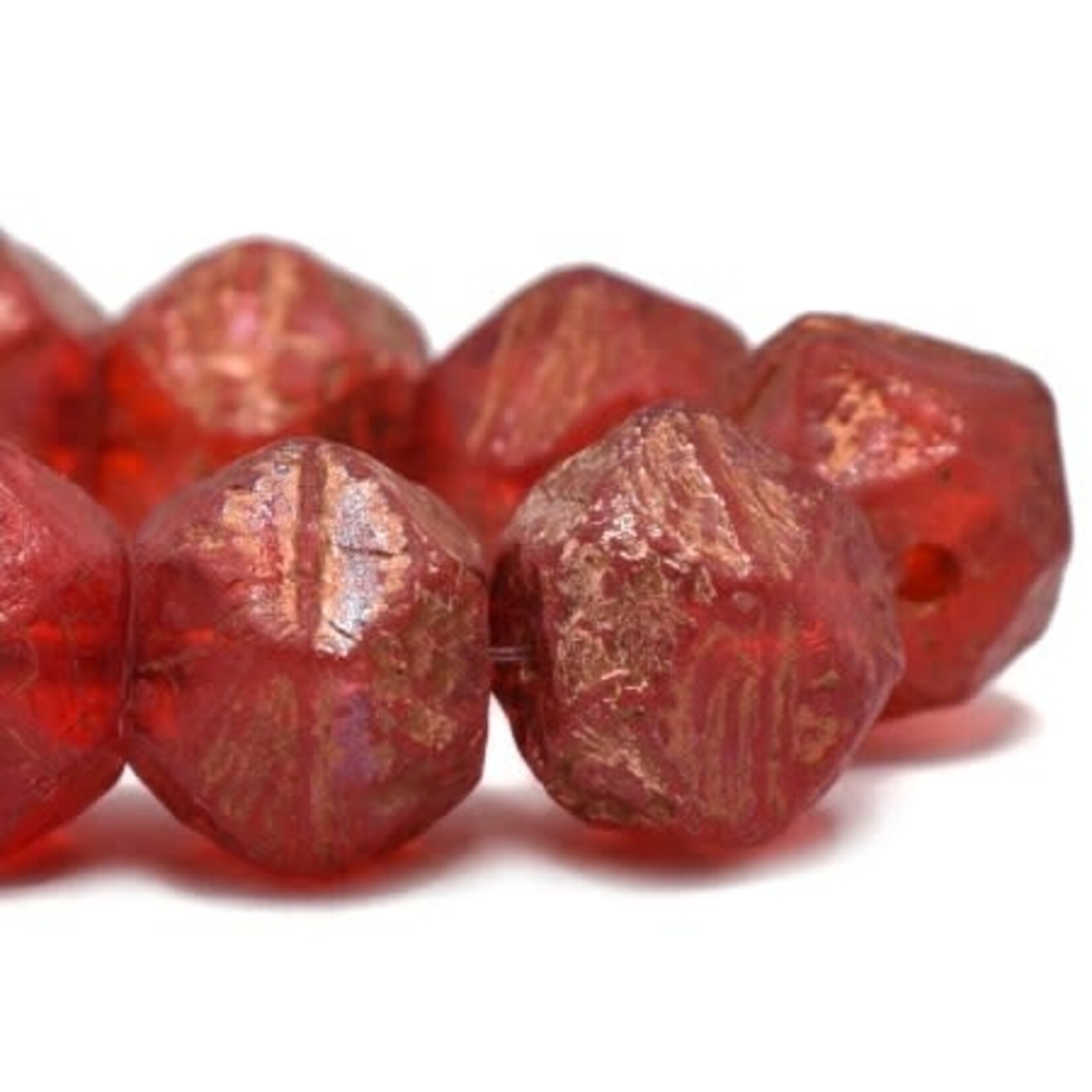 Czech Glass English Cut 10mm Ruby Red Etched Copper Finish Bead Strand