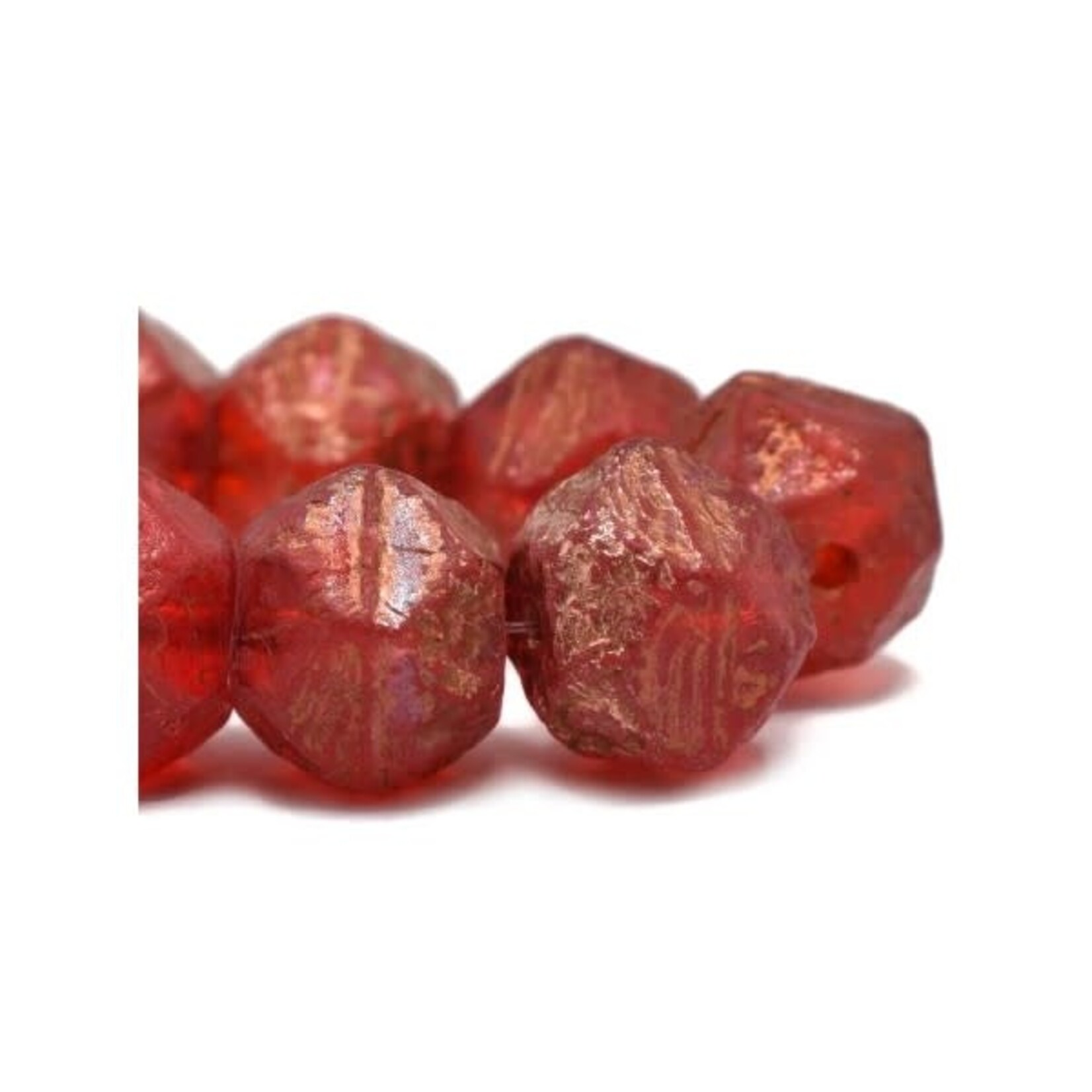 Czech Glass English Cut 10mm Ruby Red Etched Copper Finish Bead Strand