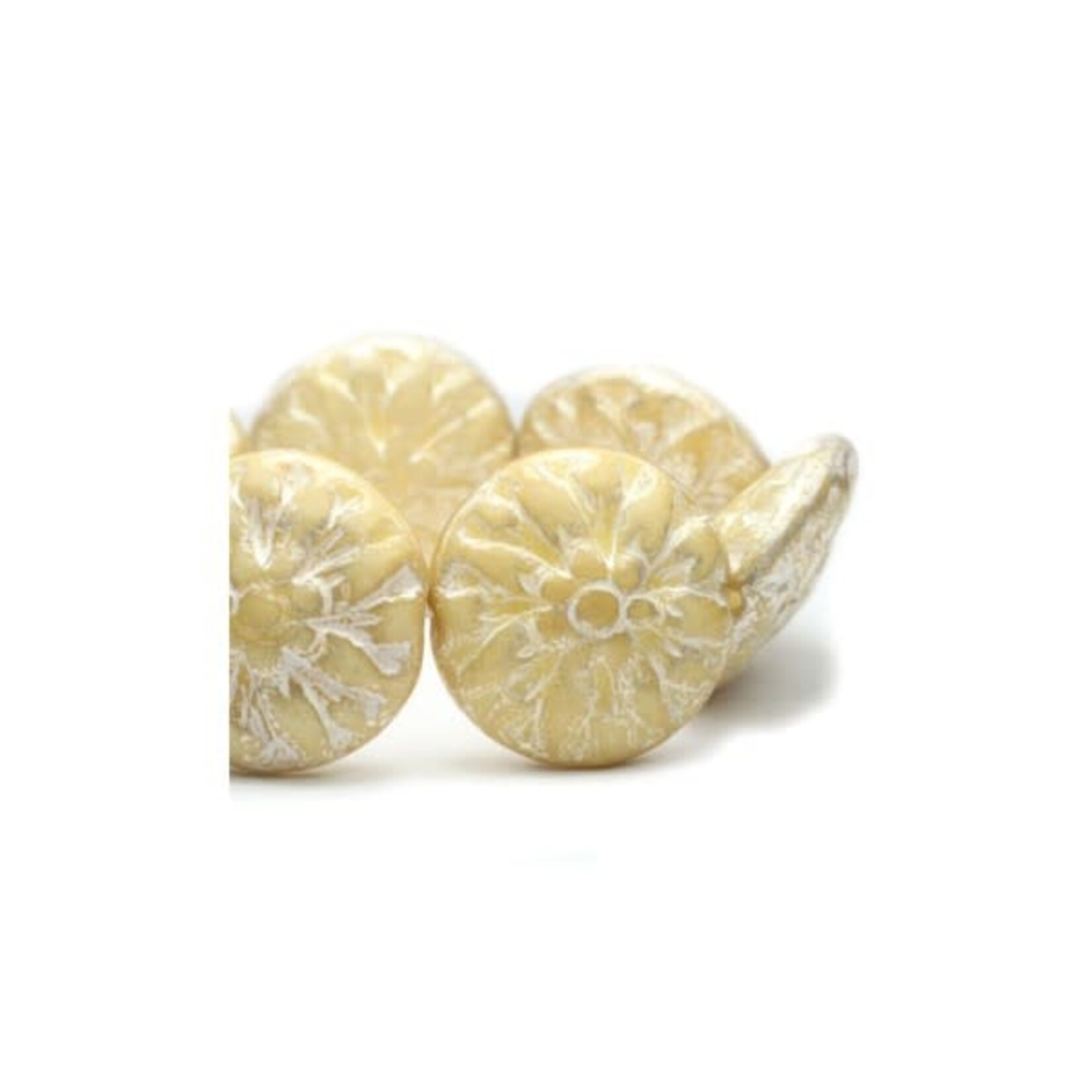 Czech Dahlia Flower 14mm Yellow Ivory  Silver Wash Bead Strand