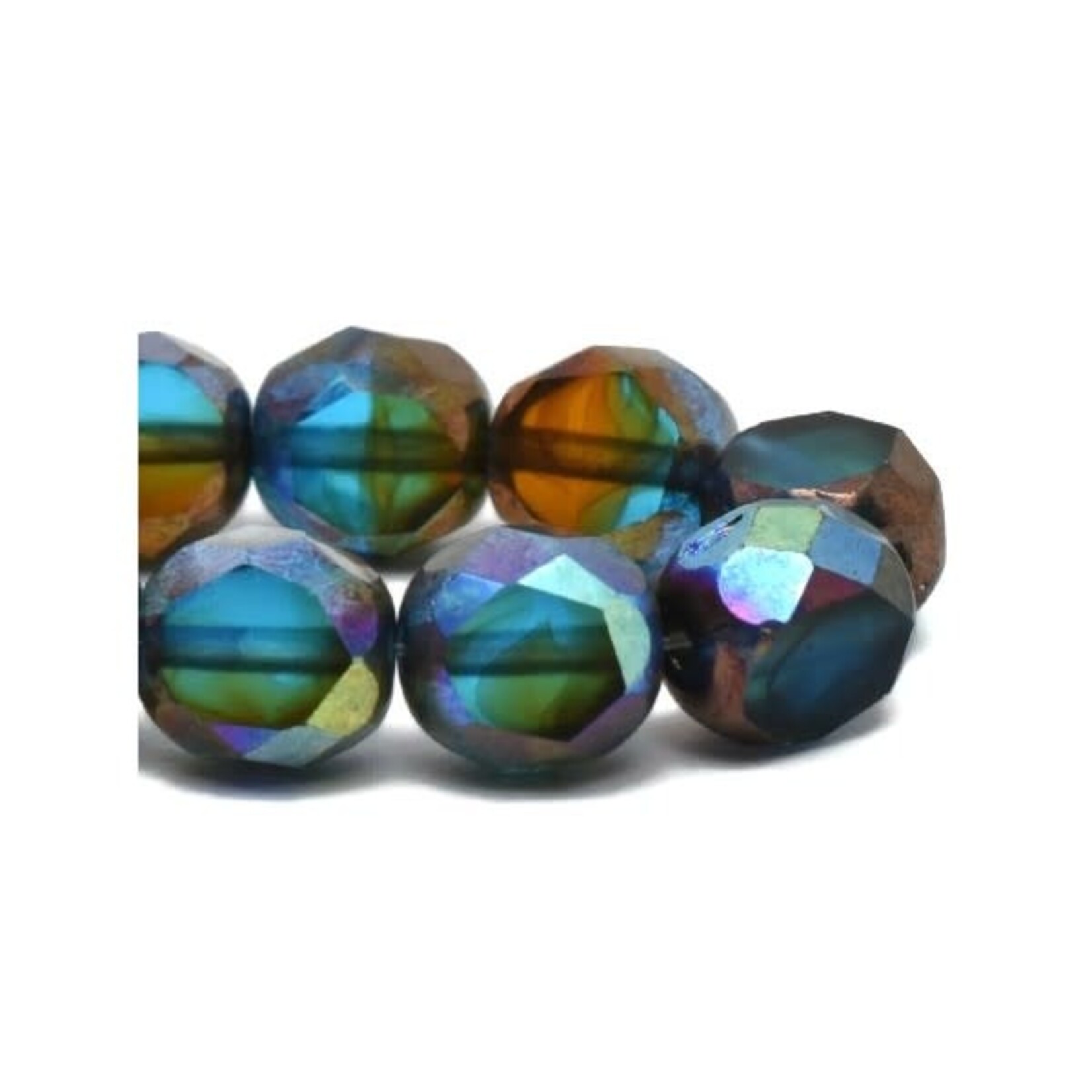 Table Cut Faceted Round 8mm  Pacific Blue, Amber, and Green with Bronze and AB Finishes