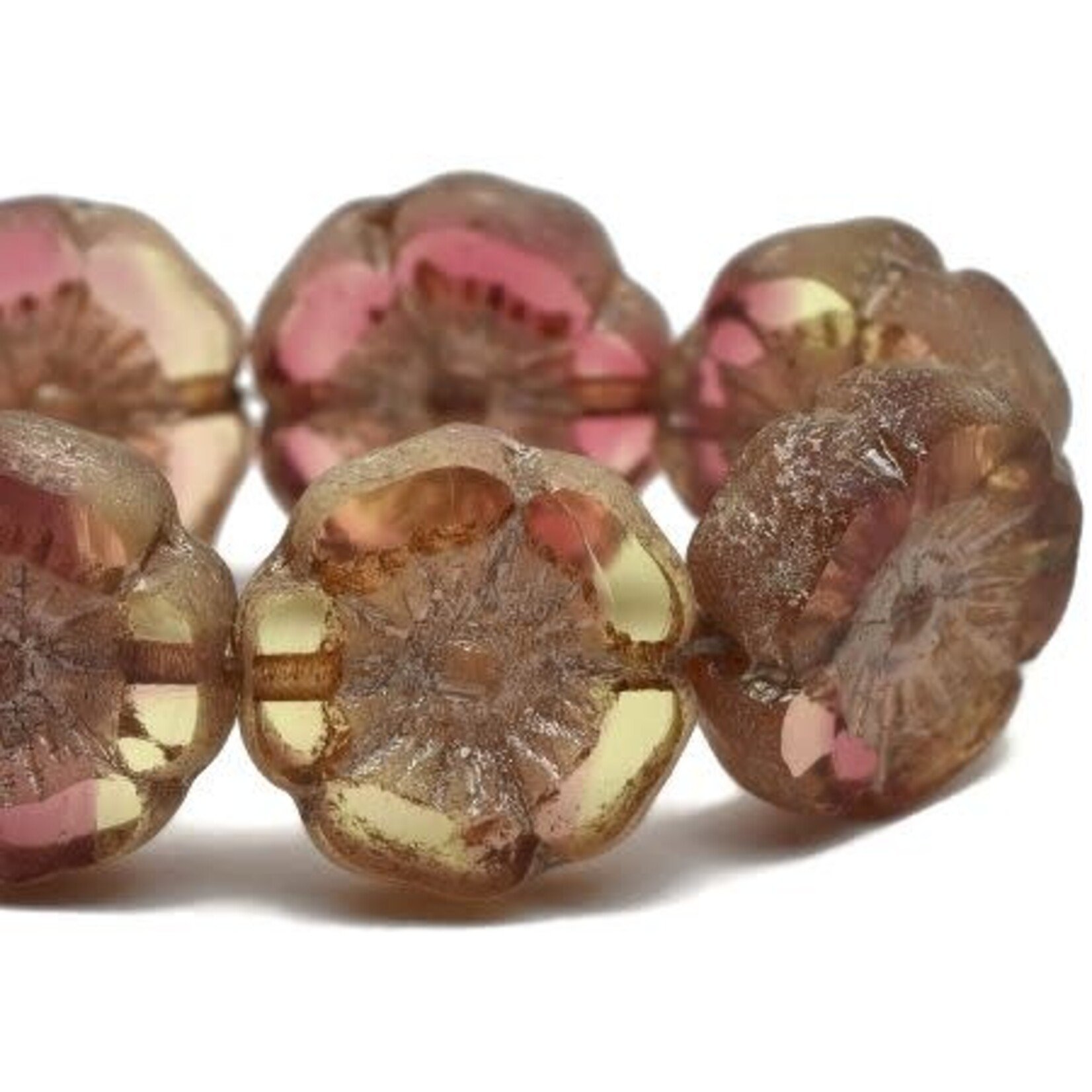 Hibiscus Flower 12mm  Crimson and Yellow with Etched and Metallic Beige Finishes