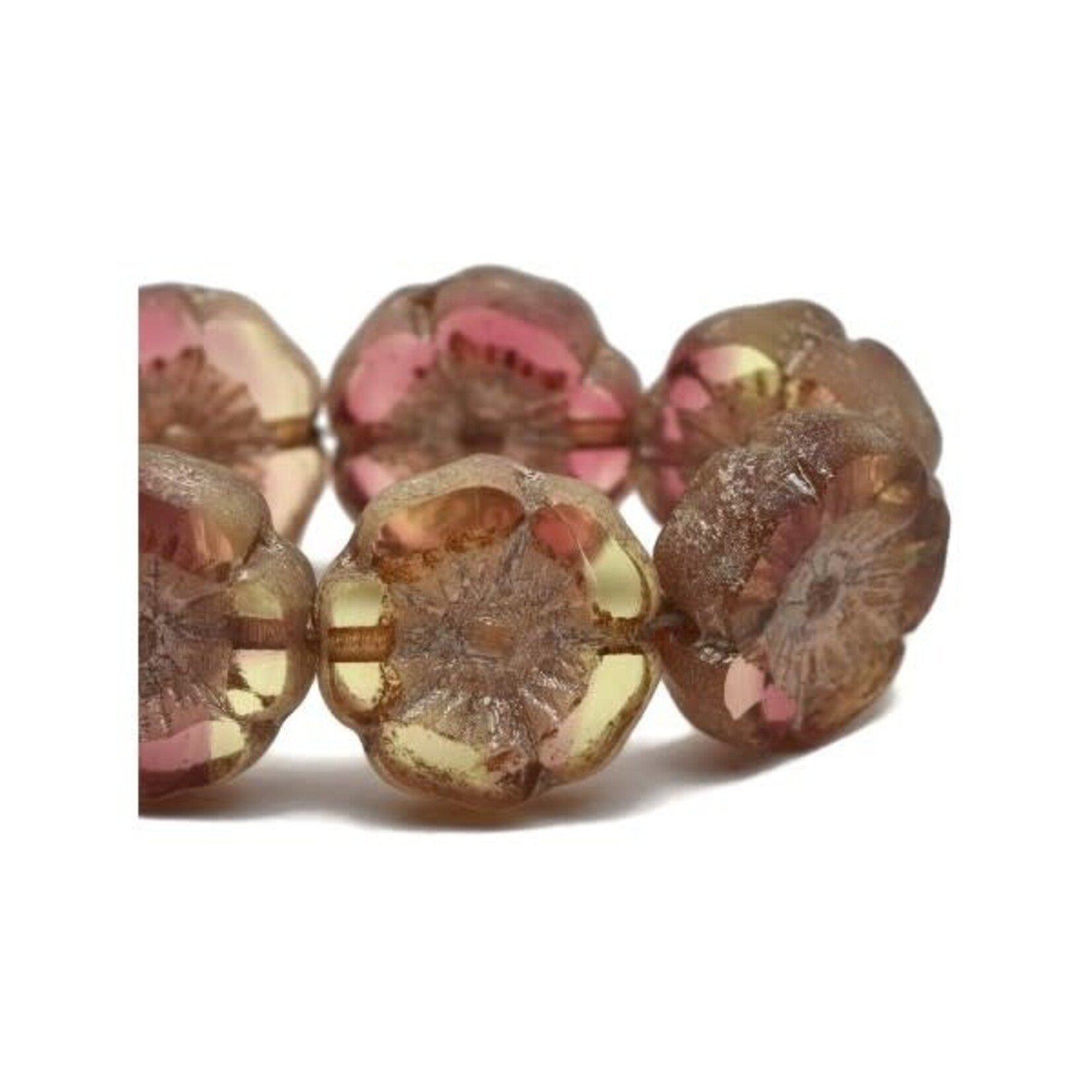 Hibiscus Flower 12mm  Crimson and Yellow with Etched and Metallic Beige Finishes