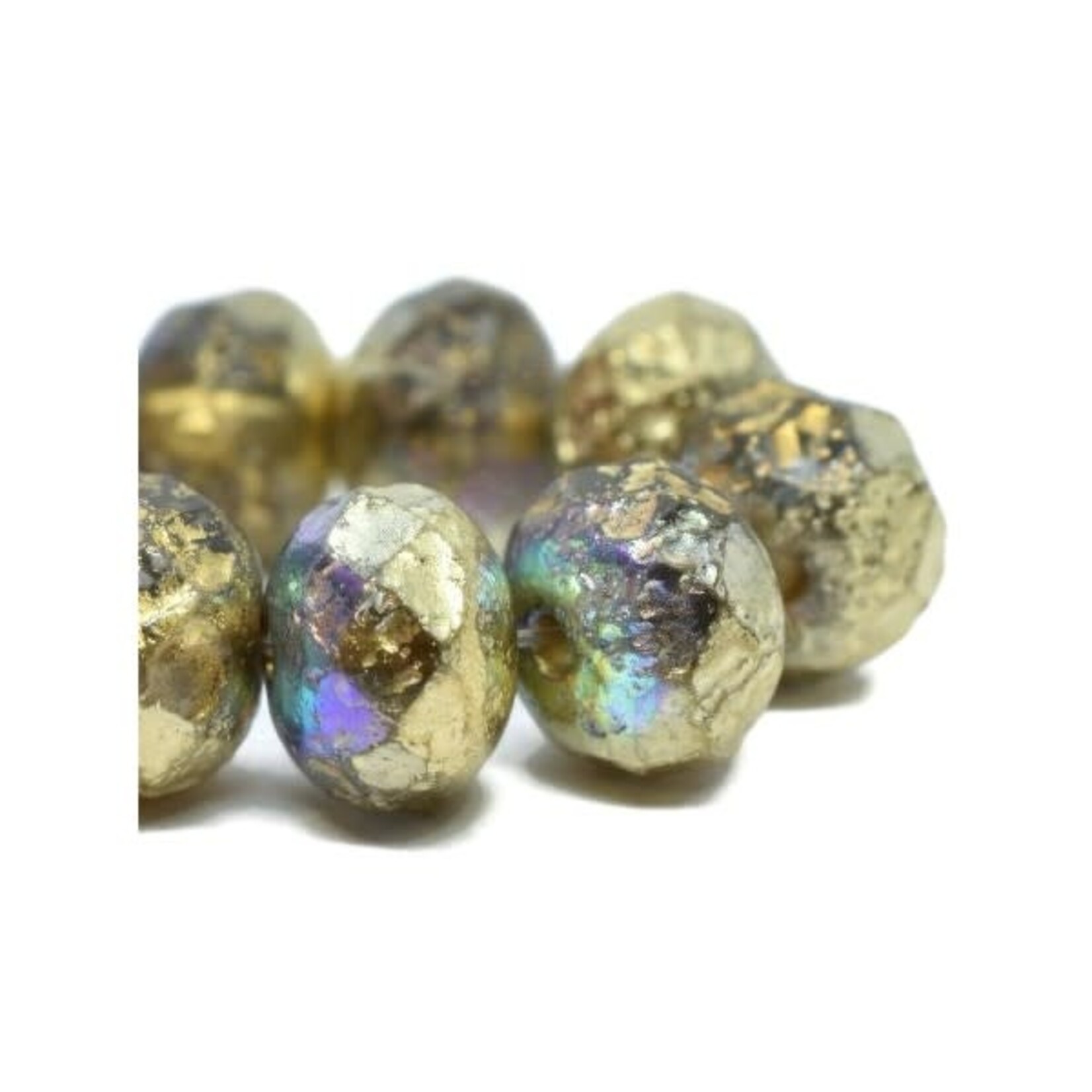 Czech Glass 8x6mm Rondelle Transparent w/ Gold Etched Luster Bead Strand