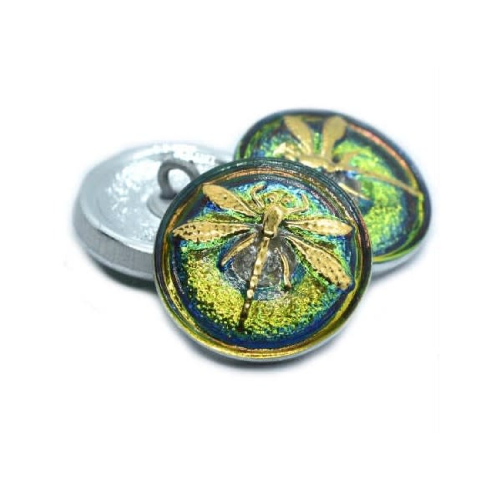 Czech Glass Button 18mm Dragonfly Vitrail/Gold