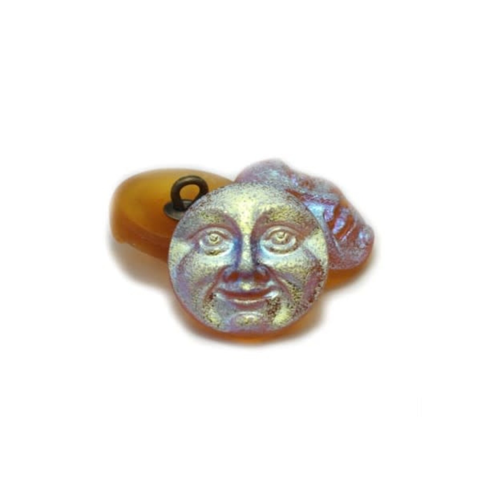 Czech Glass Button 18mm Moon Face Yellow Gold