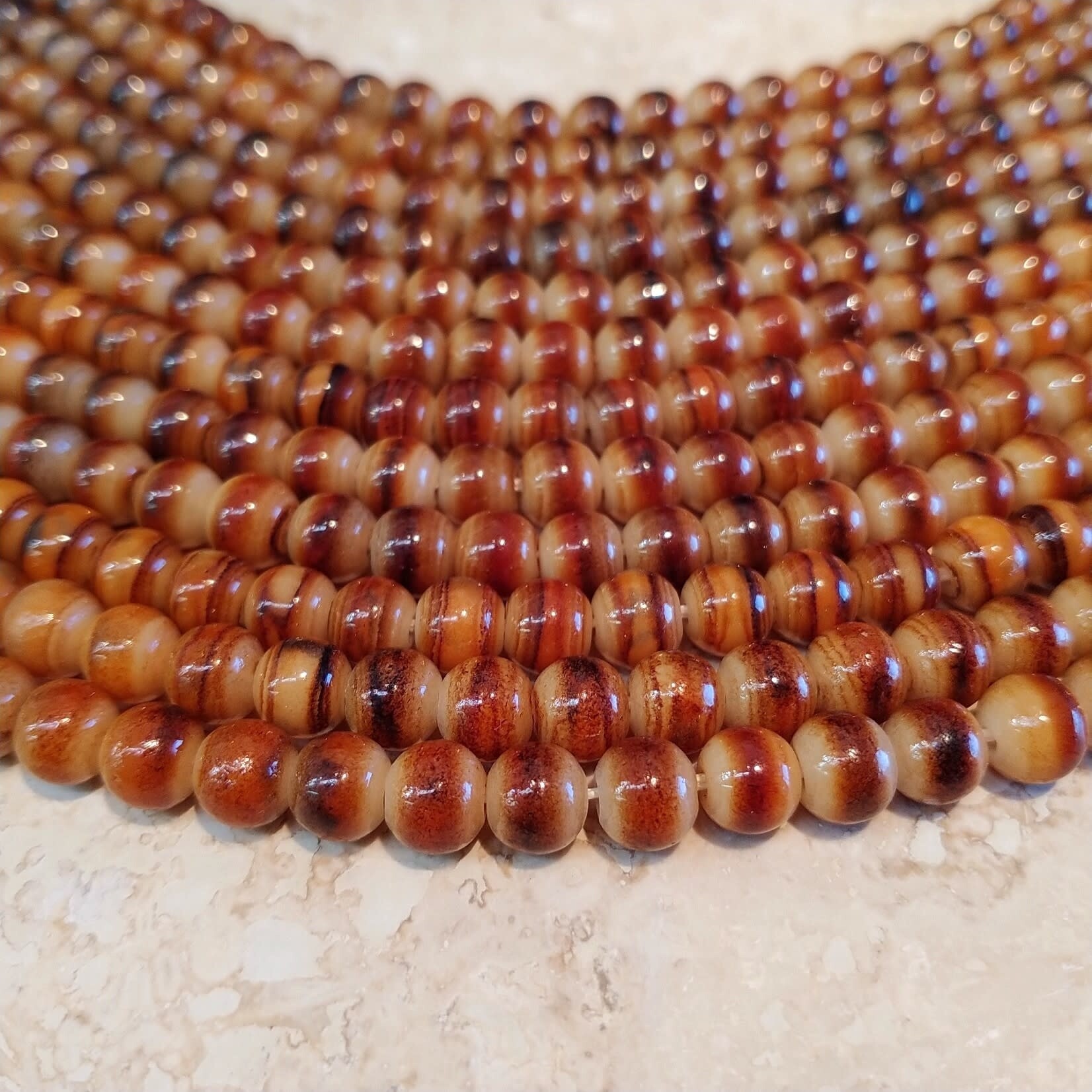Striated Brown  6mm Lampwork Glass Round Bead Strand - 25 pieces