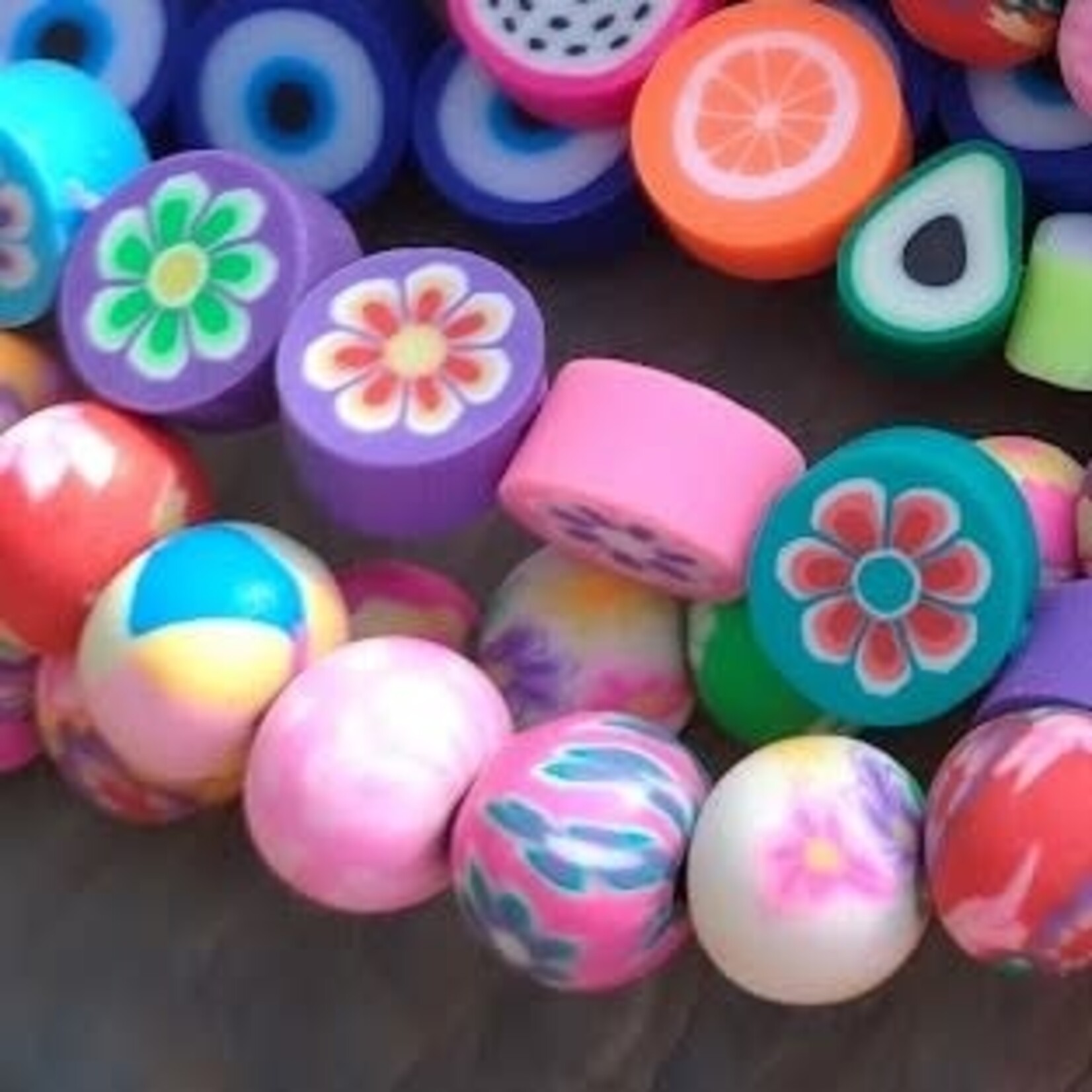 Polymer Clay Flower Coin Bead 16" Strand of 17
