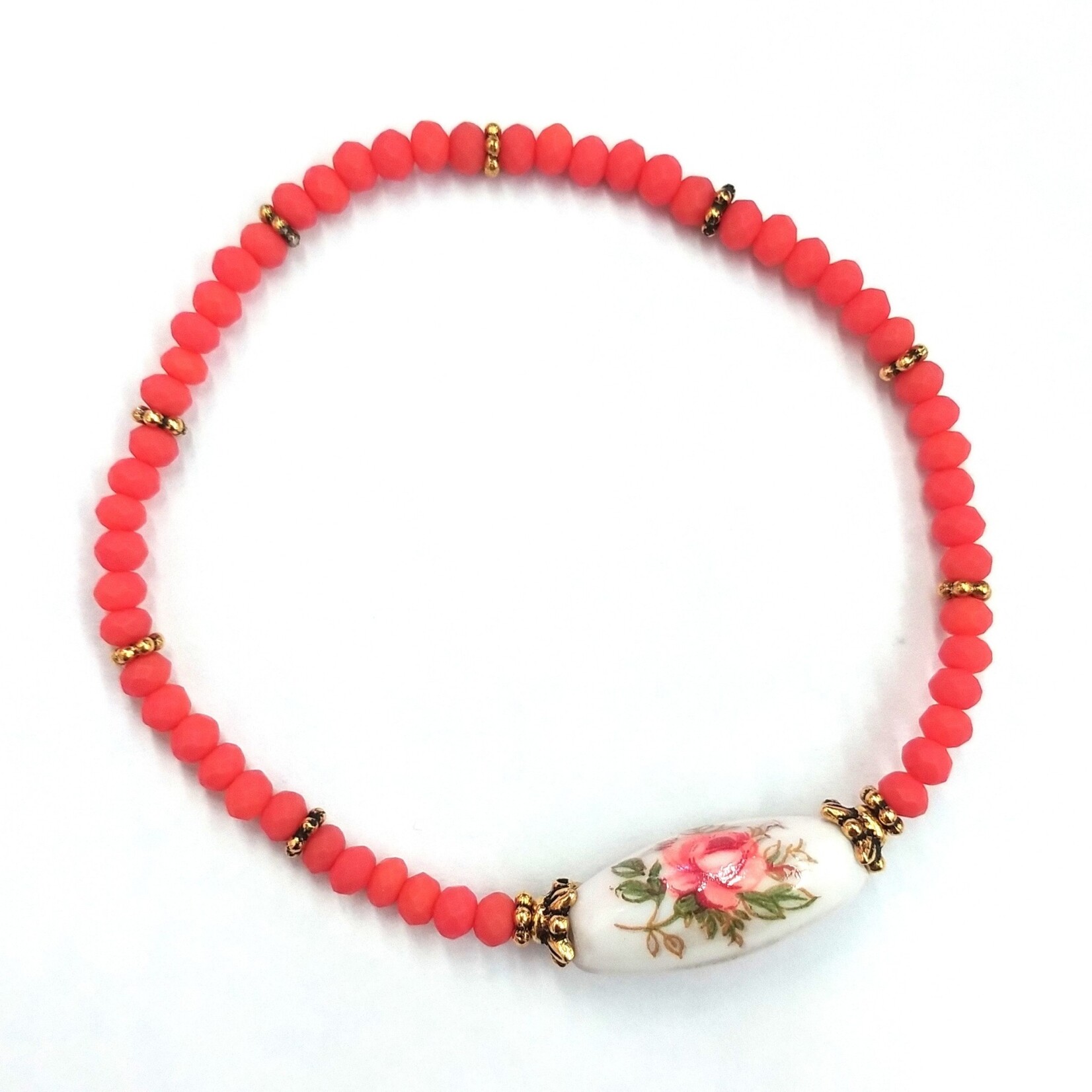 Ceramic Long Oval with Pink Rose Bead