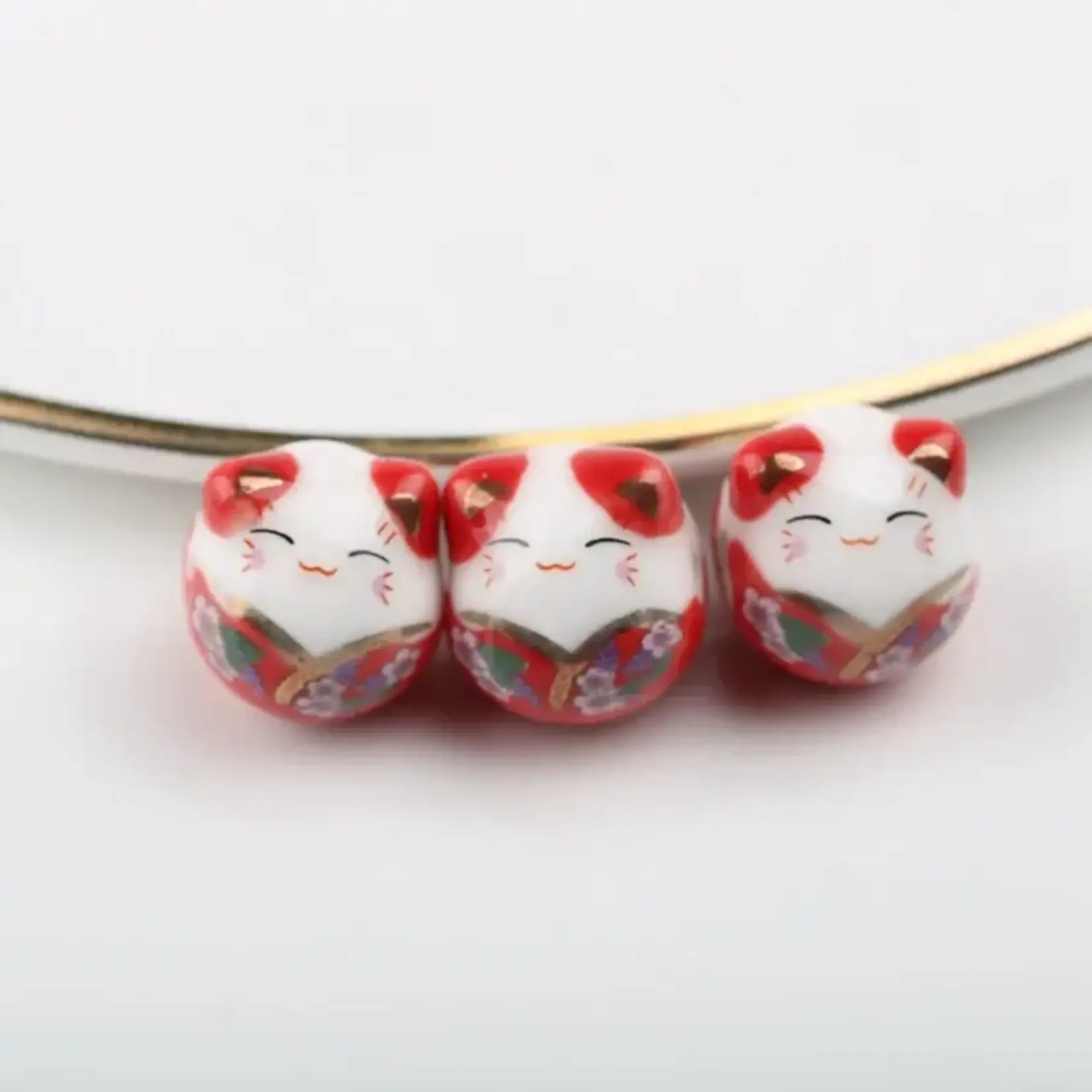 Lucky Cat 14mm Red Porcelain Bead