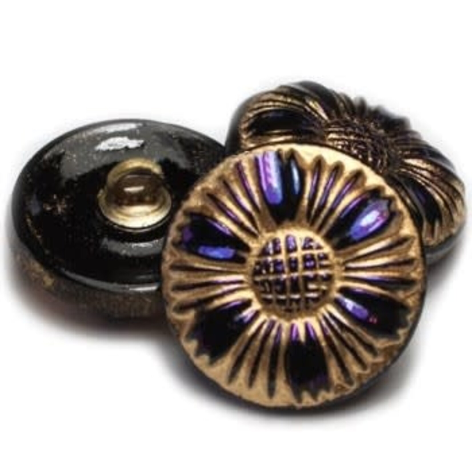 Czech Glass Button 18mm Sunflower Button Indigo w/ Gold