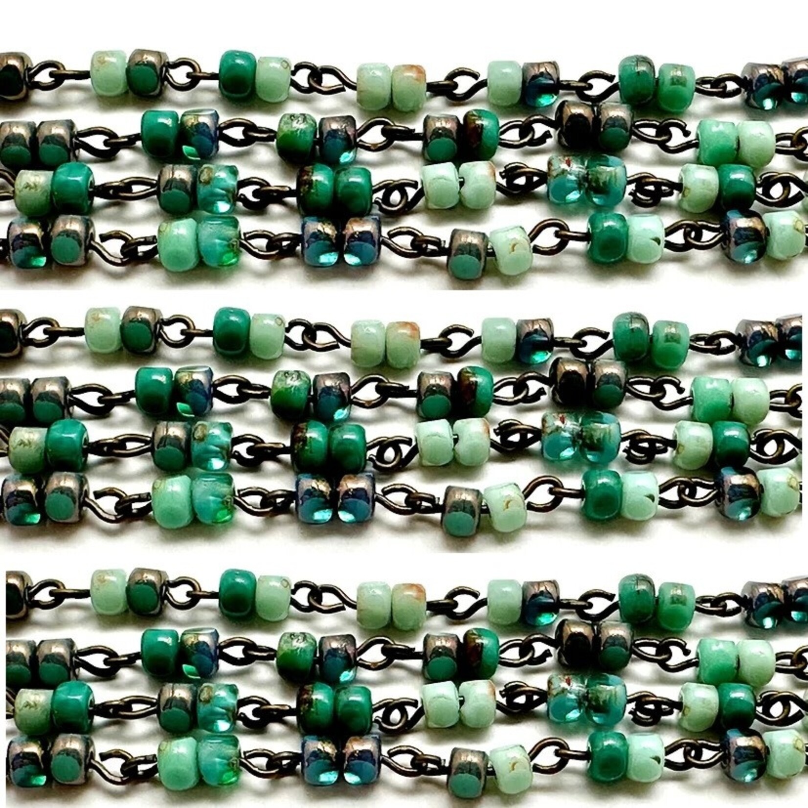 Czech Glass Beaded Chain Tri-cut Turquoise w/ Antique Brass - 1 Foot