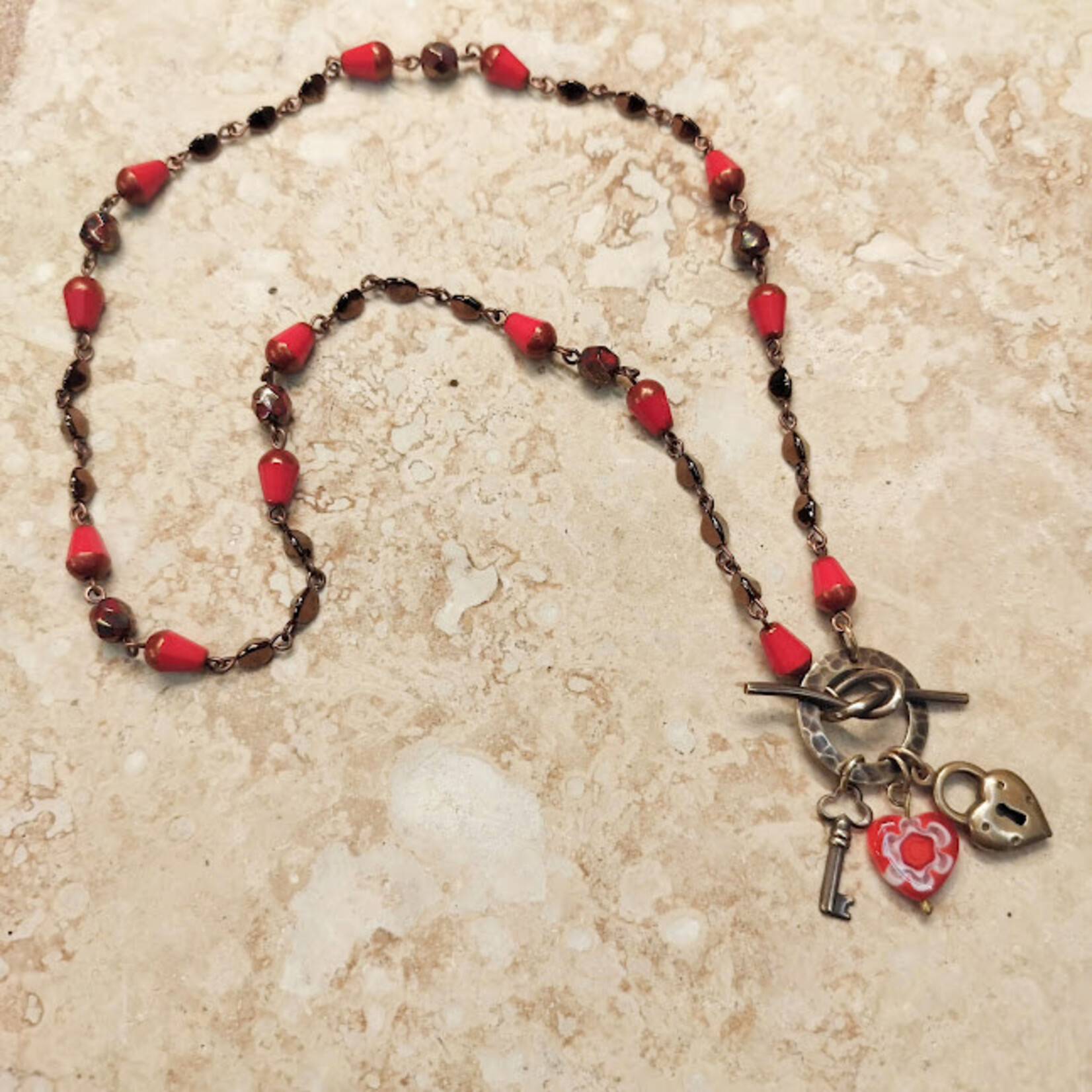 Czech Glass Beaded Chain Red Coral/Copper - 1 foot