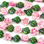 Polymer Clay Pink Roses with Lampwork Green Bead 8" Strand