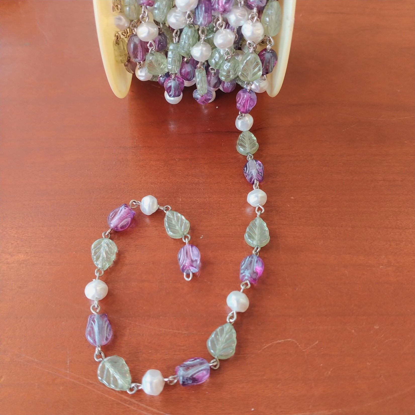 Czech Glass Beaded Chain Purple Tulips w/ Leaves and Pearls - 1 foot