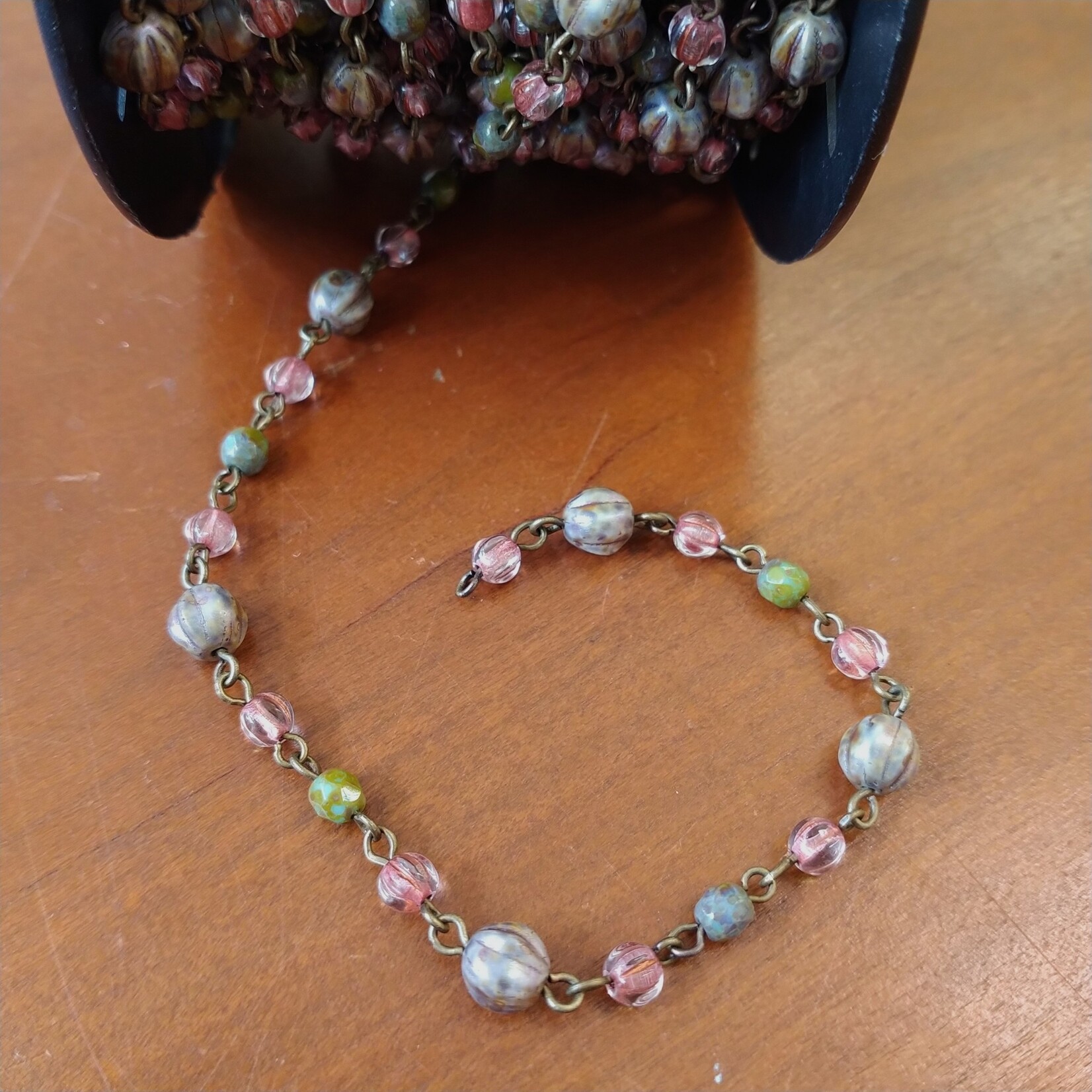 Czech Glass Beaded Chain Melons and Pink Sparkle - 1 foot