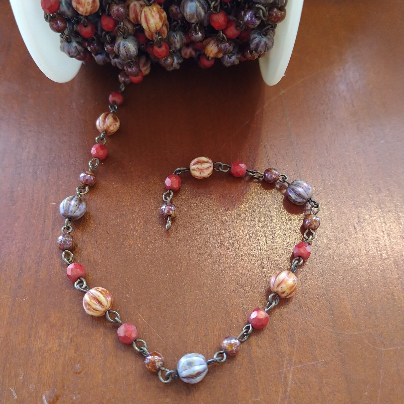 Czech Glass Beaded Chain Orange and Brown Melon Beads- 1 foot