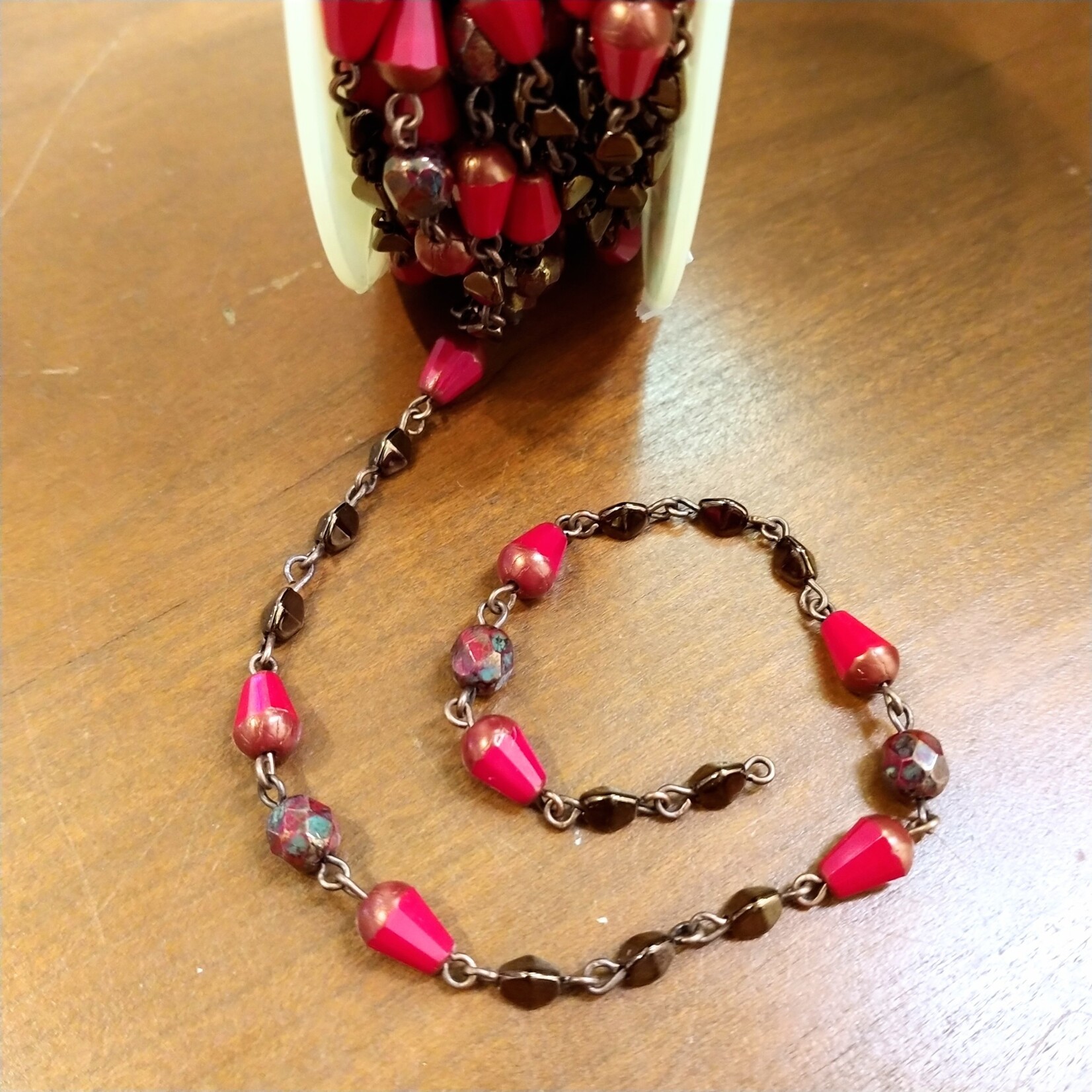 Czech Glass Beaded Chain Red Coral/Copper - 1 foot