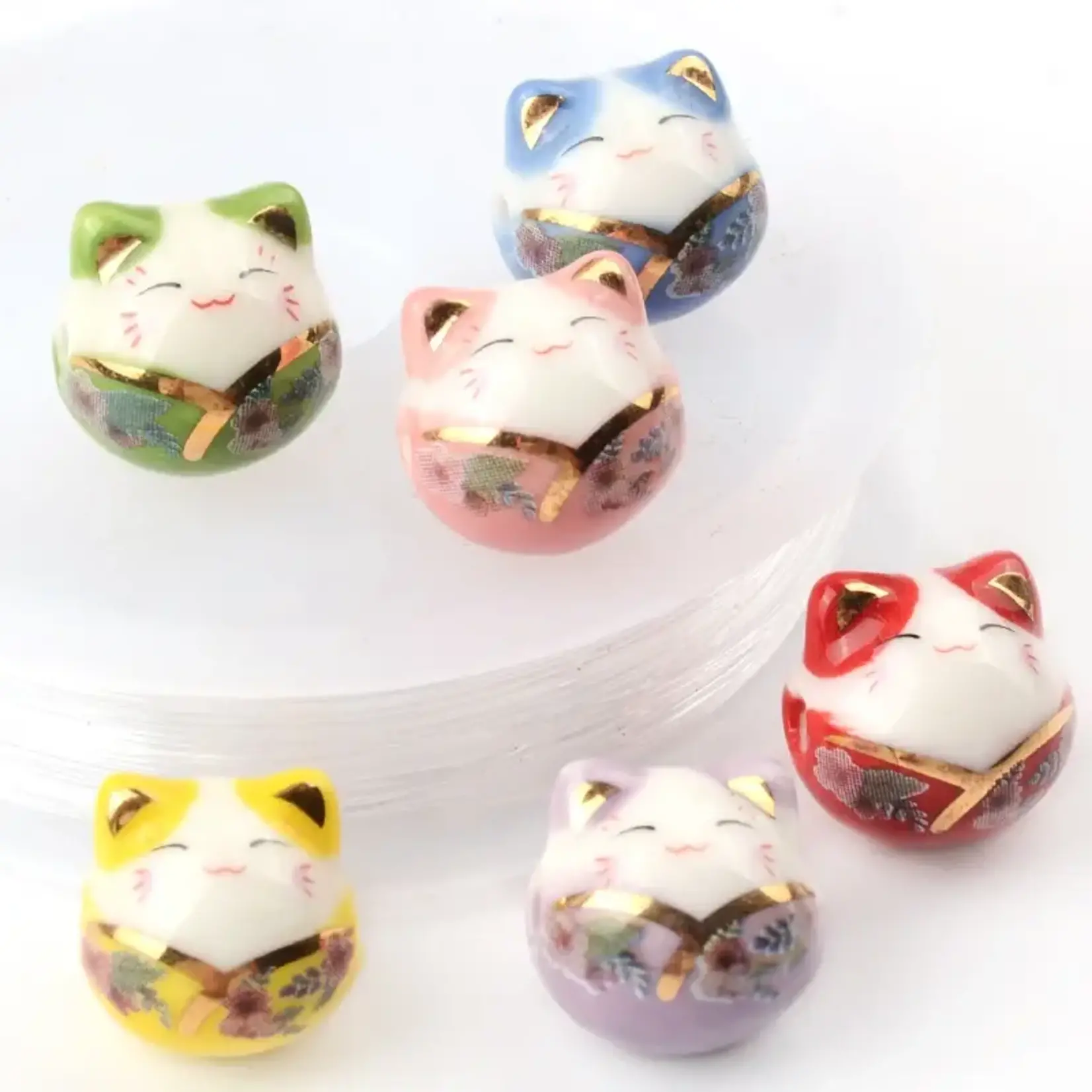 Lucky Cat 14mm Blue Porcelain Bead