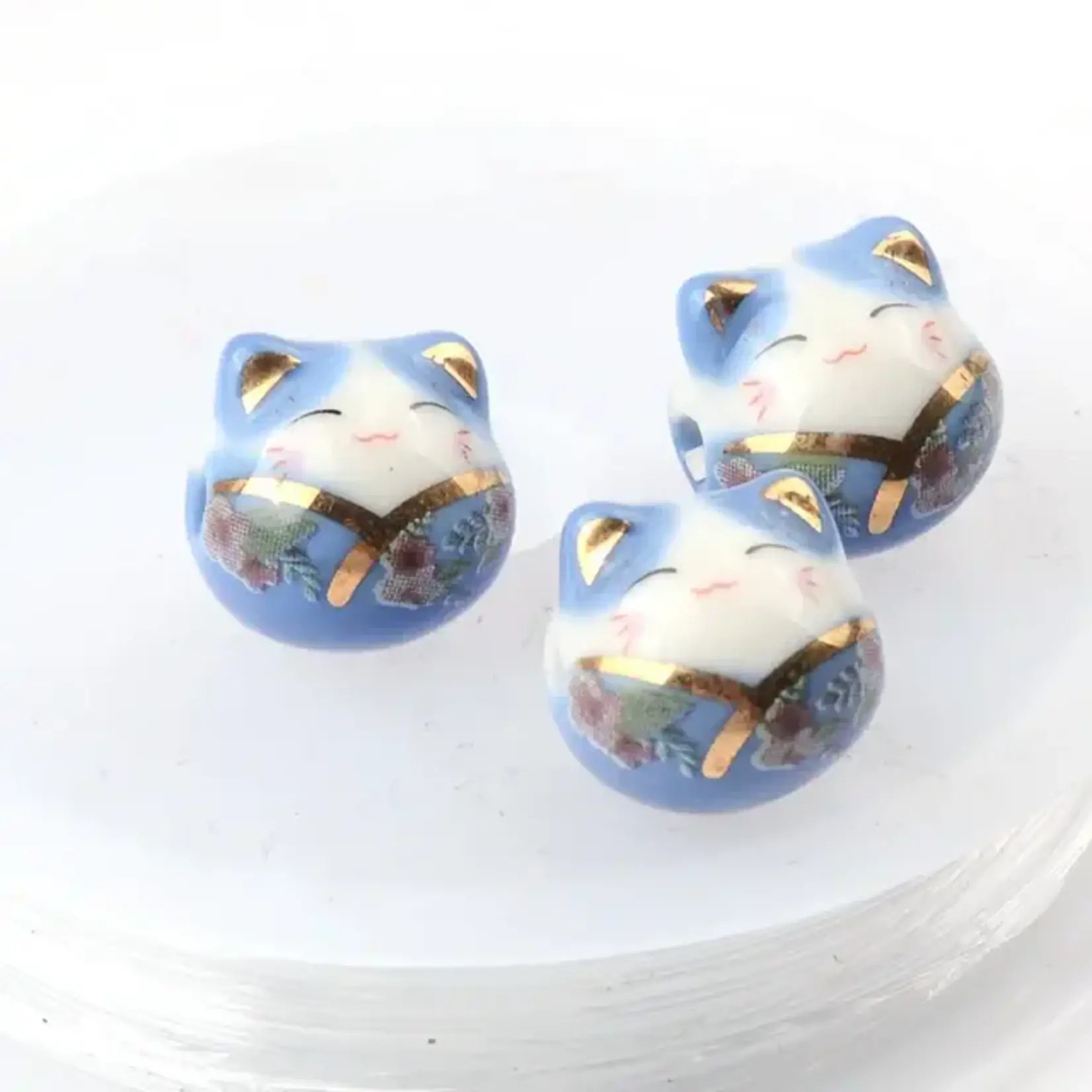Lucky Cat 14mm Blue Porcelain Bead