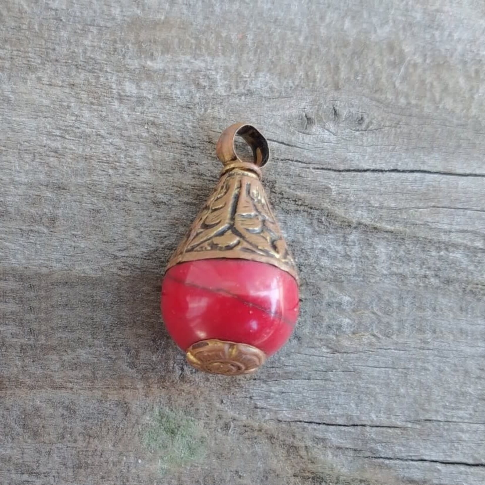 Tibetan Brass Capped 25x13mm Red Magnesite Pendant