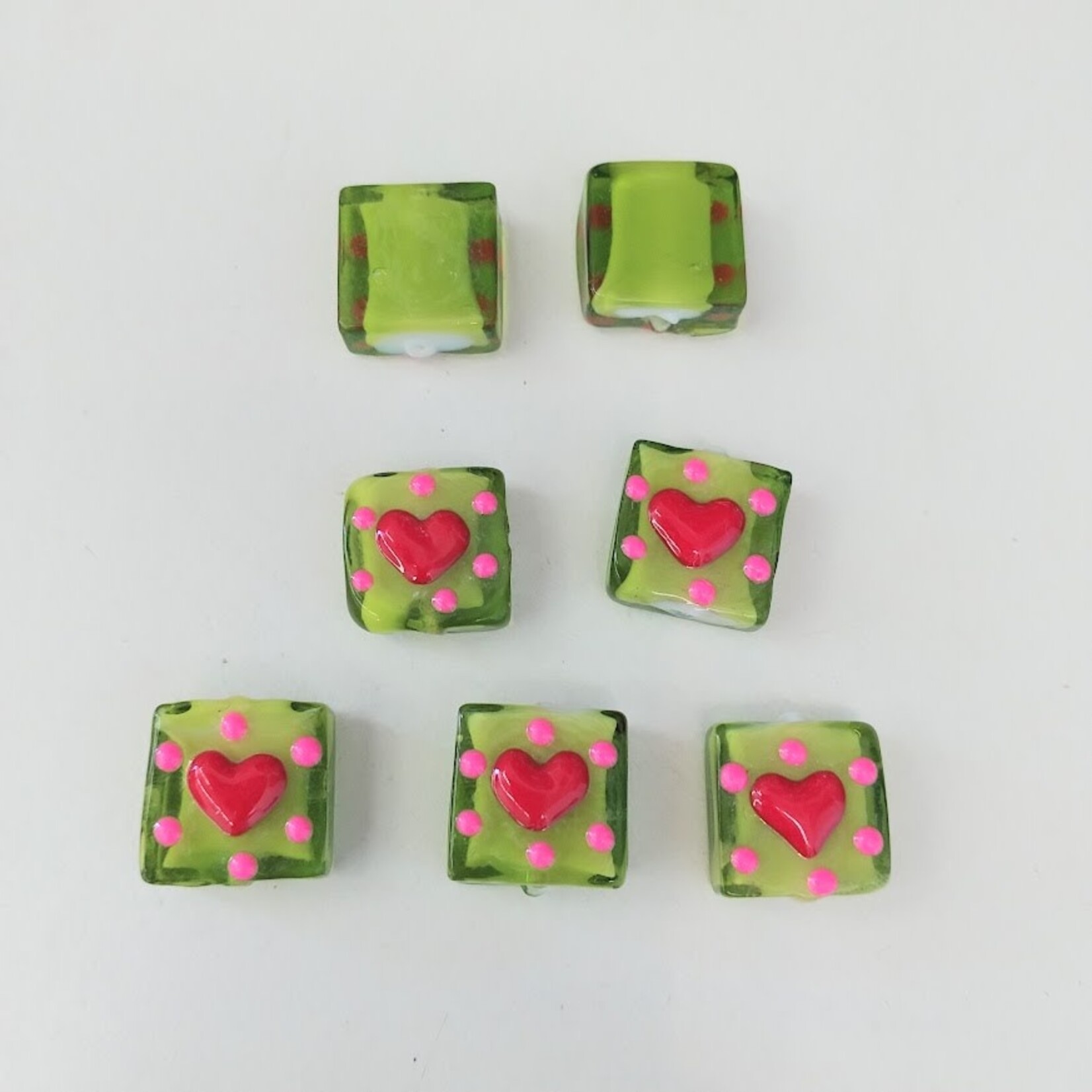 Lampwork Glass 15mm Radiating Heart on Green Square Bead
