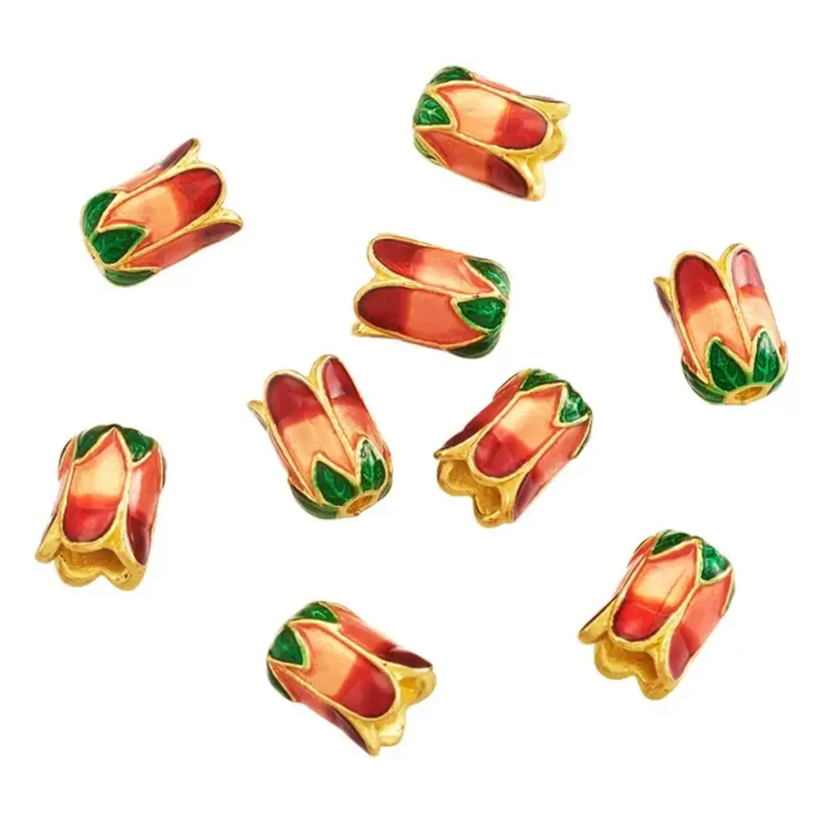 Cloisonne Red and Orange Tulip Bead Cap 11x7mm