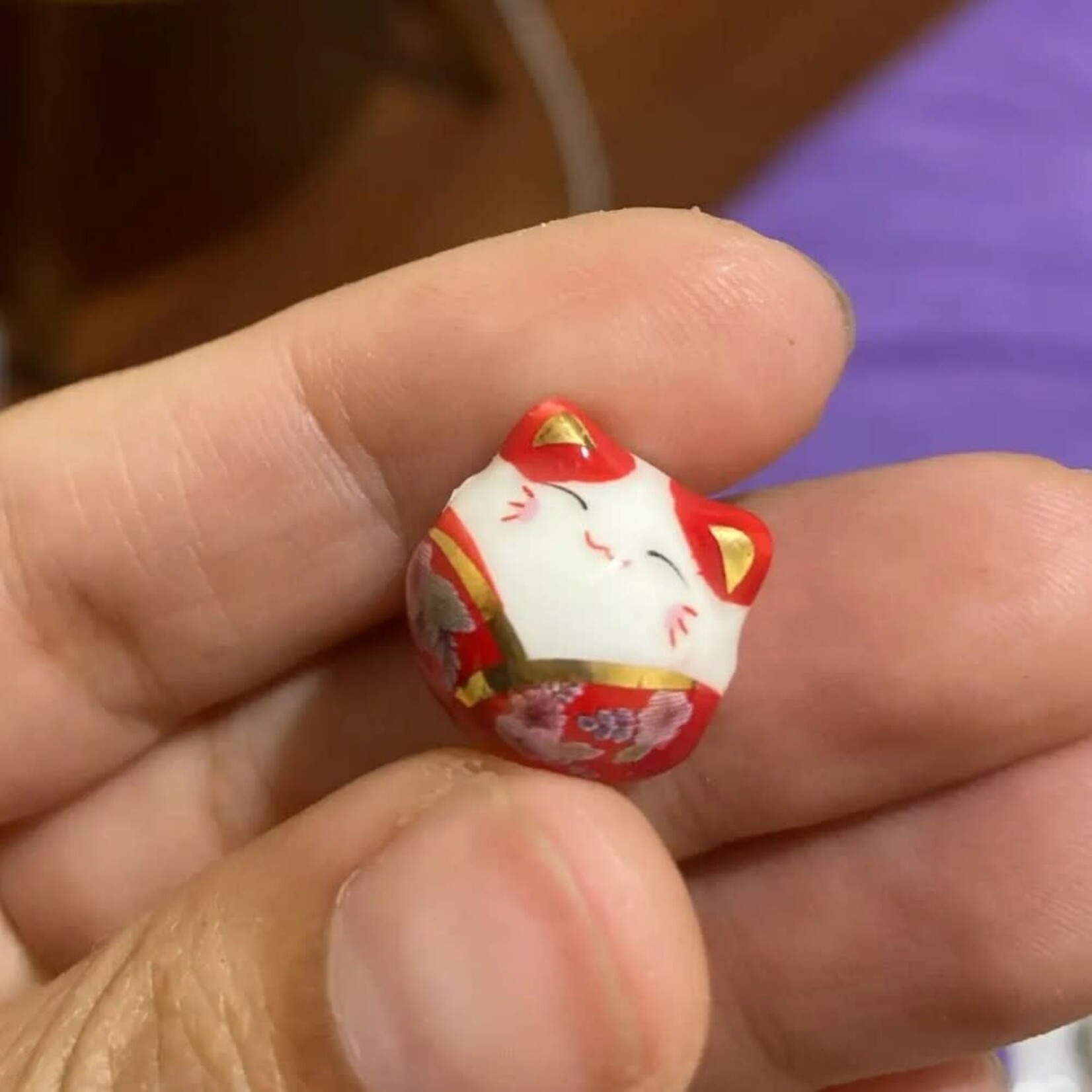 Lucky Cat 14mm Red Porcelain Bead
