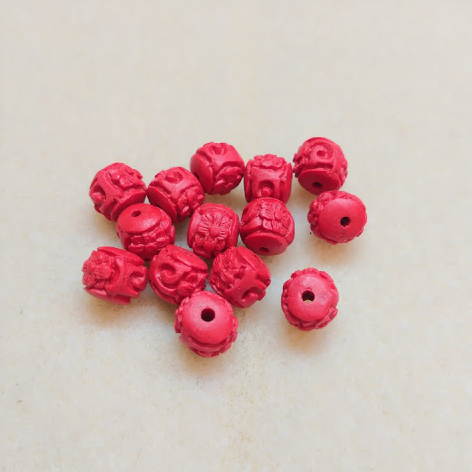 Cinnabar Colored Resin Flat Round  7x6mm Carved Flower Bead